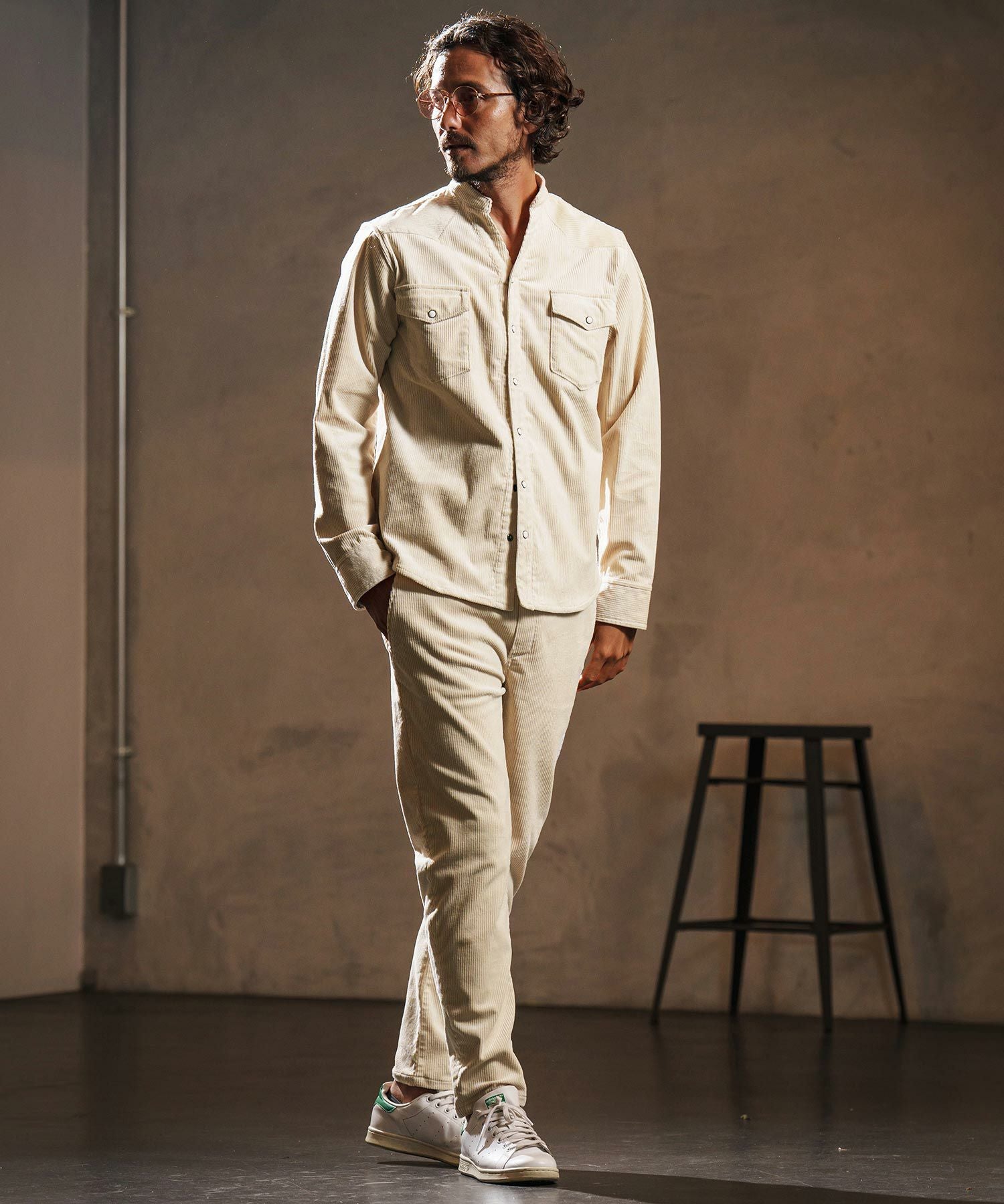 wjk reluxe】stretch corduroy band collar western shirts ウェスタン