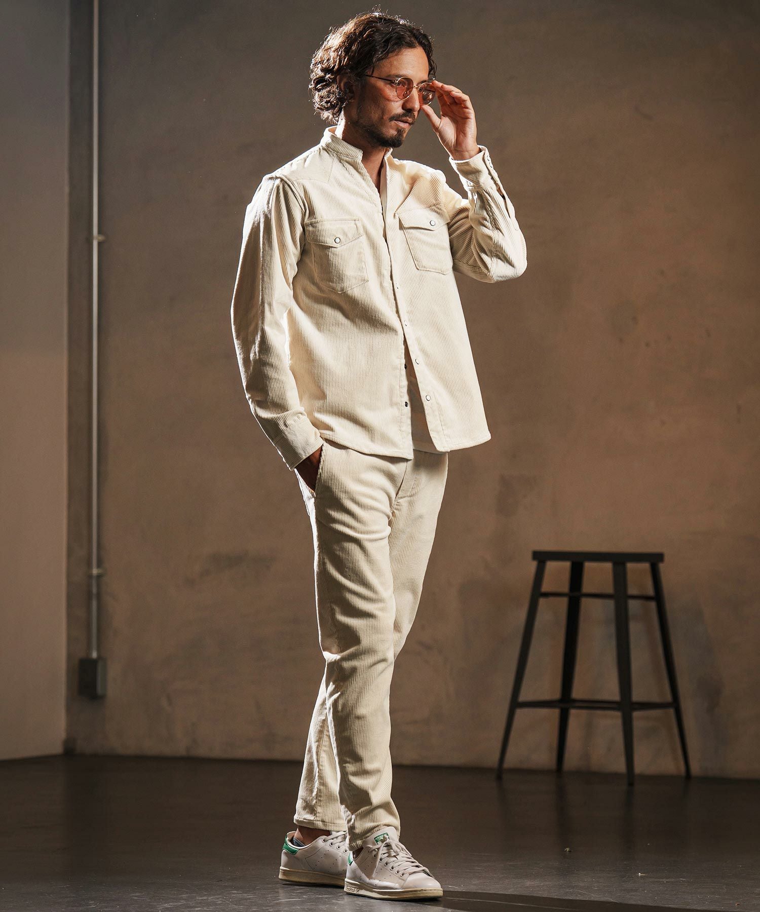 wjk reluxe】stretch corduroy band collar western shirts ウェスタン