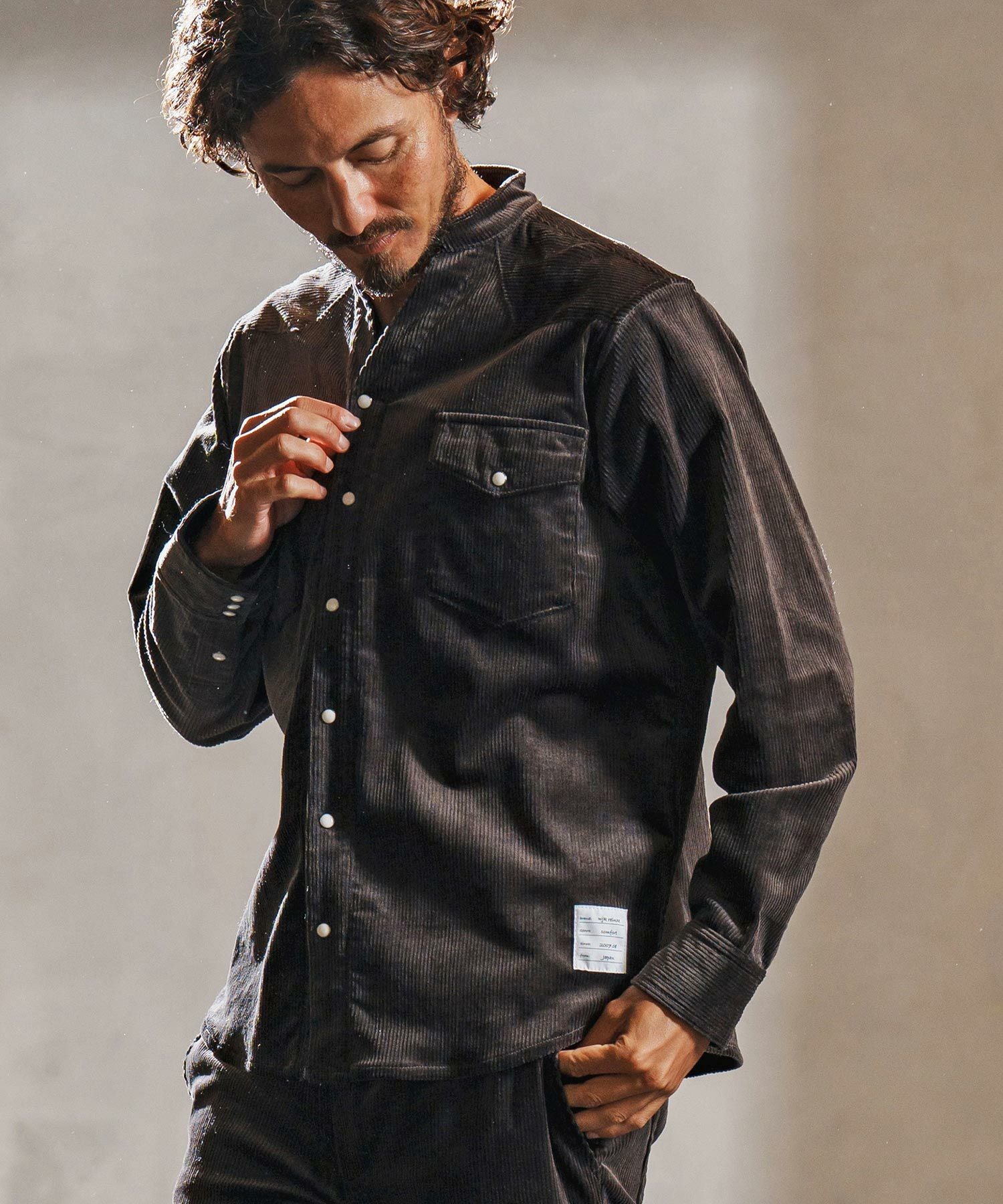 wjk reluxe】stretch corduroy band collar western shirts ウェスタン