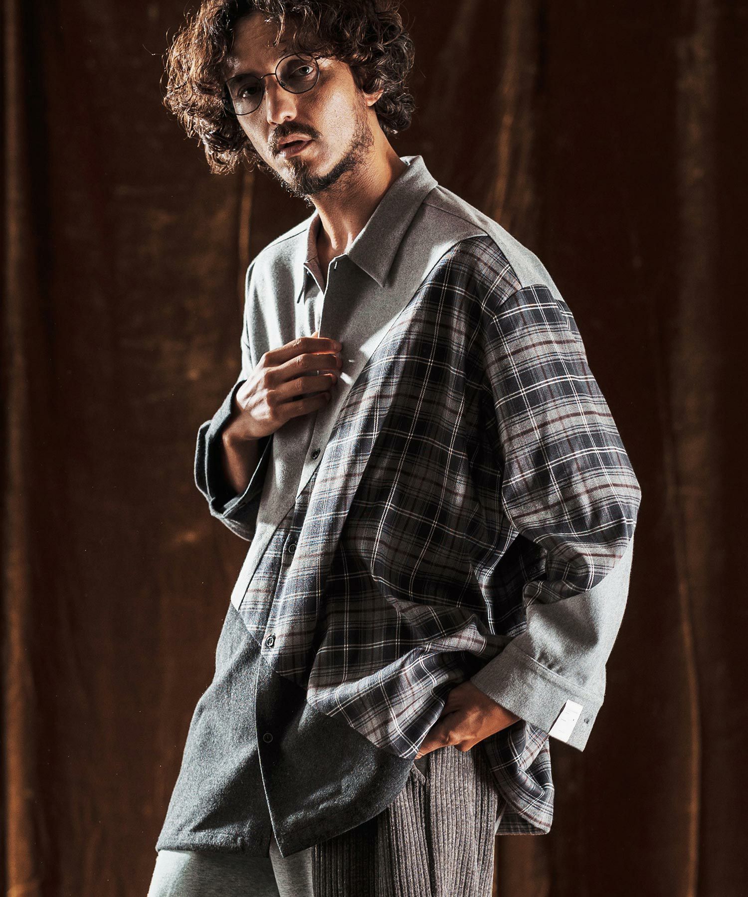 ann,吉　タータンMIXコラボレーション　ジャケット　アン吉 ANGENEHM(アンゲネーム)】Mixed Fabric Panel Shirt シャツ(AG05