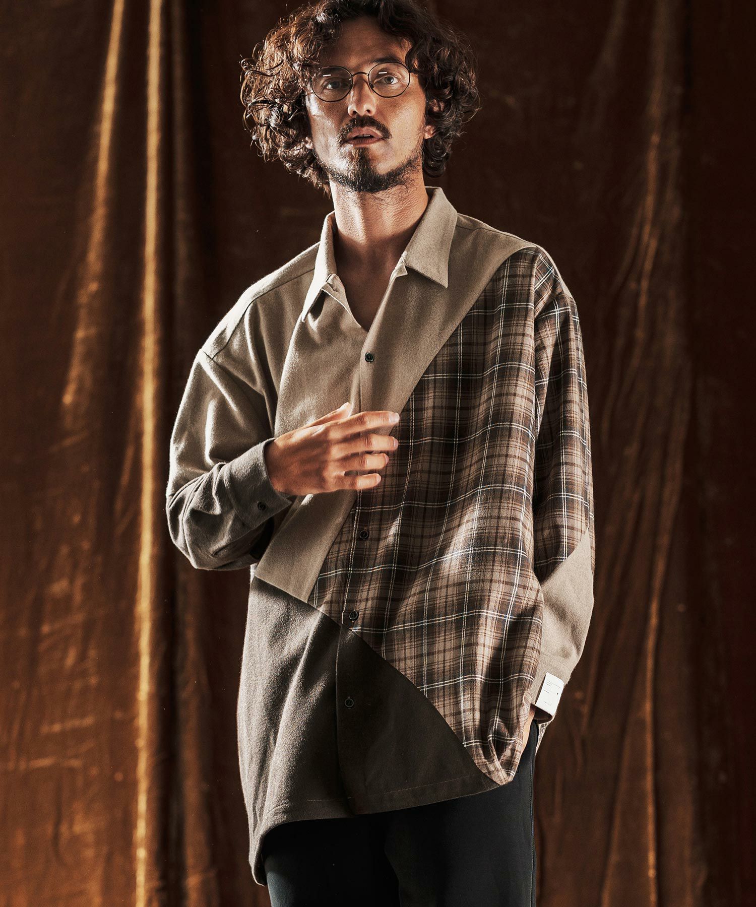 ANGENEHM(アンゲネーム)】Mixed Fabric Panel Shirt シャツ(AG05