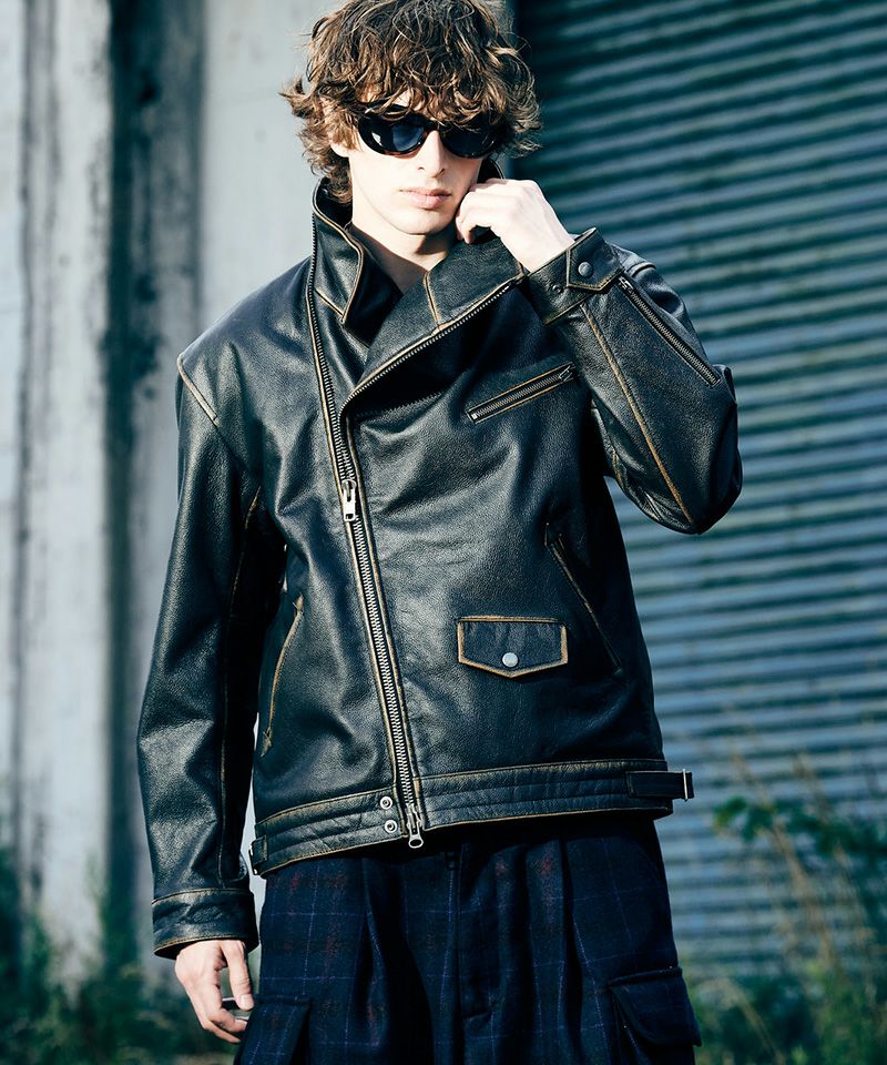 グラム glamb／レザー切替 ジャケット／ブラック×ブラウン／③ glamb(グラム)】High Neck Leather Jacket ハイネックレザージャケット