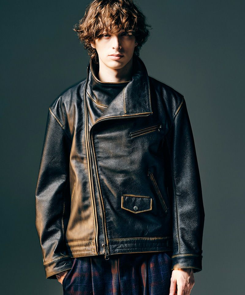 glamb グラム 変形アシンメトリーデザイン ラムレザージャケット ブラウン glamb(グラム)】Synth Leather Hooded Track Jacket シンセレザー