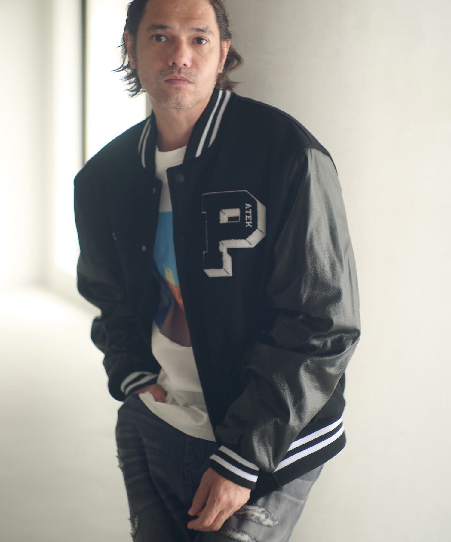 最終値下げ【アダムパテック】 looose award jacket スタジャン ADAM PATEK(アダムパテック)】leather looose down jacket ダウン