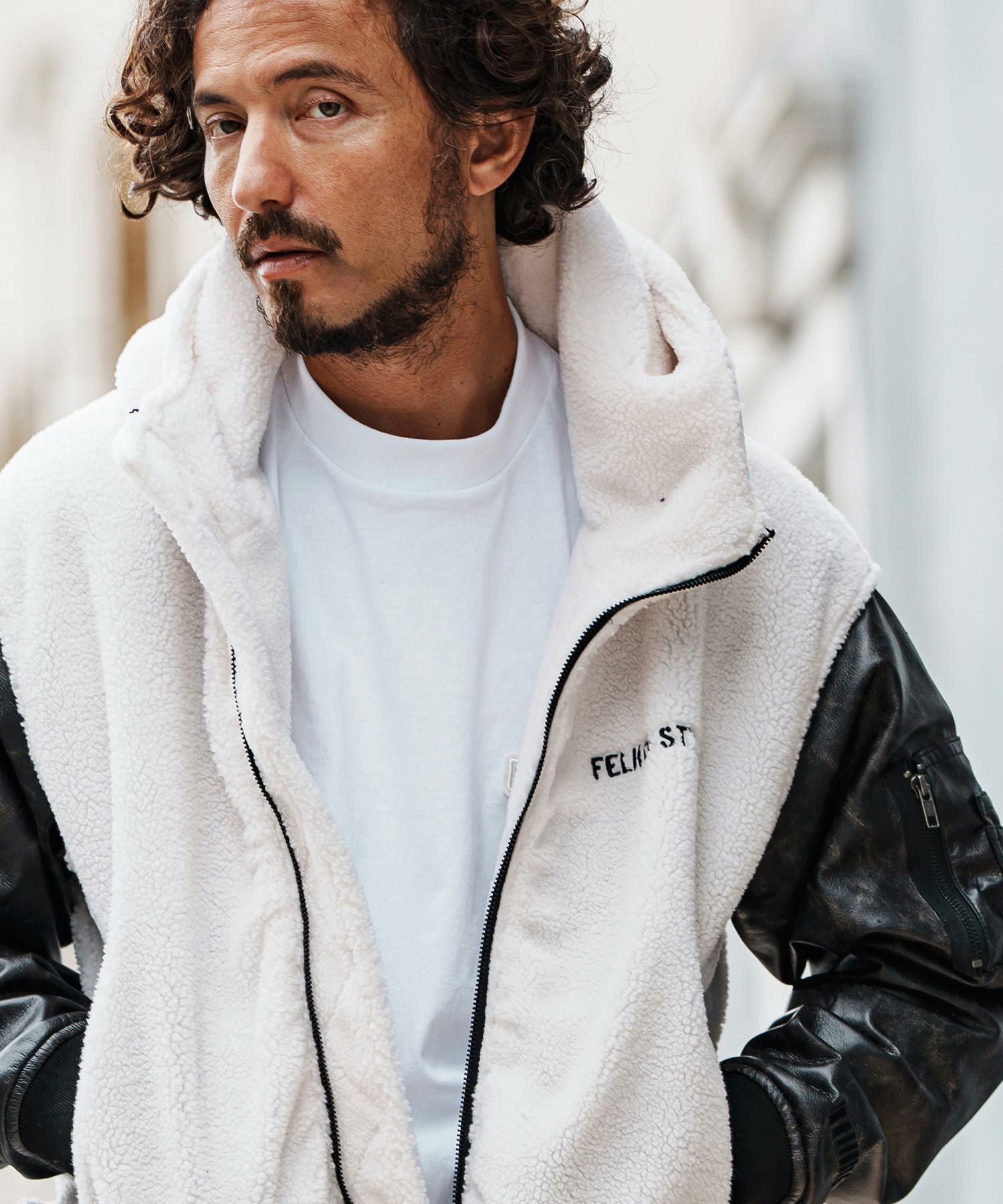 felkod(フィルコッド)】Synthetic Leather Combination Boa Hooded