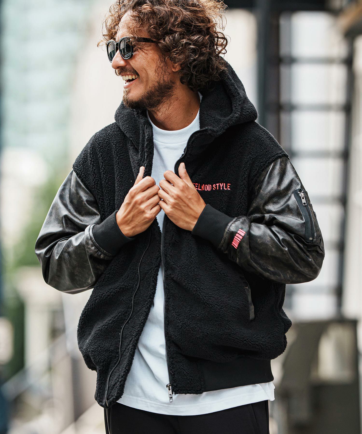 felkod(フィルコッド)】Synthetic Leather Combination Boa Hooded