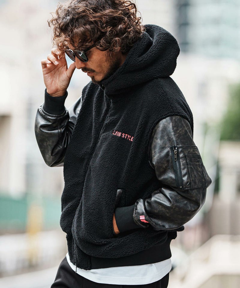 felkod(フィルコッド)】Synthetic Leather Combination Boa Hooded 