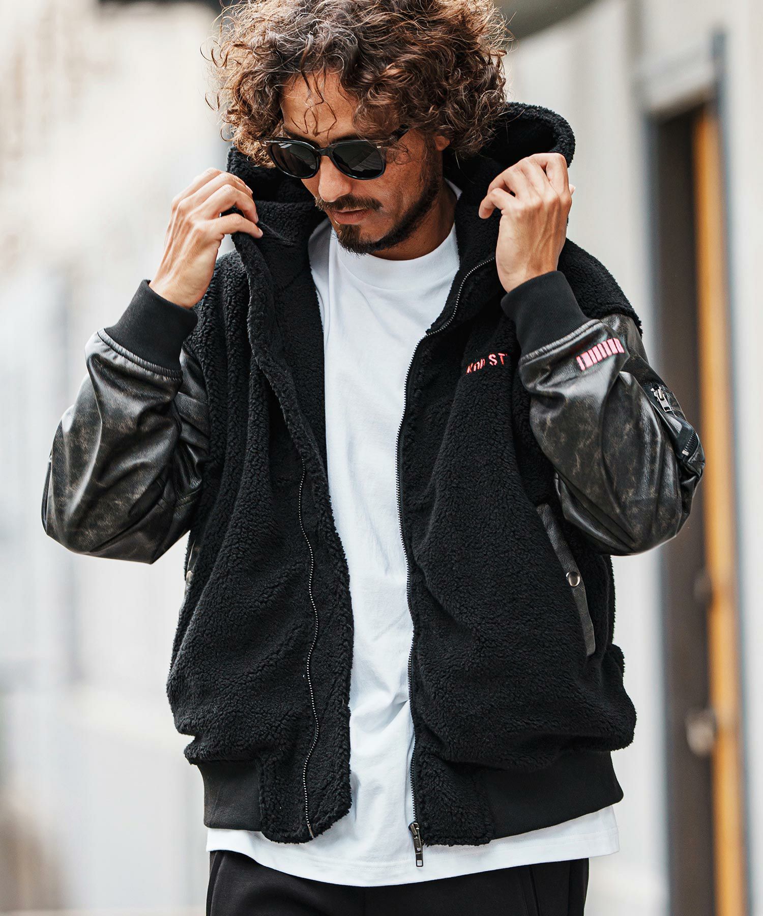 felkod(フィルコッド)】Synthetic Leather Combination Boa Hooded