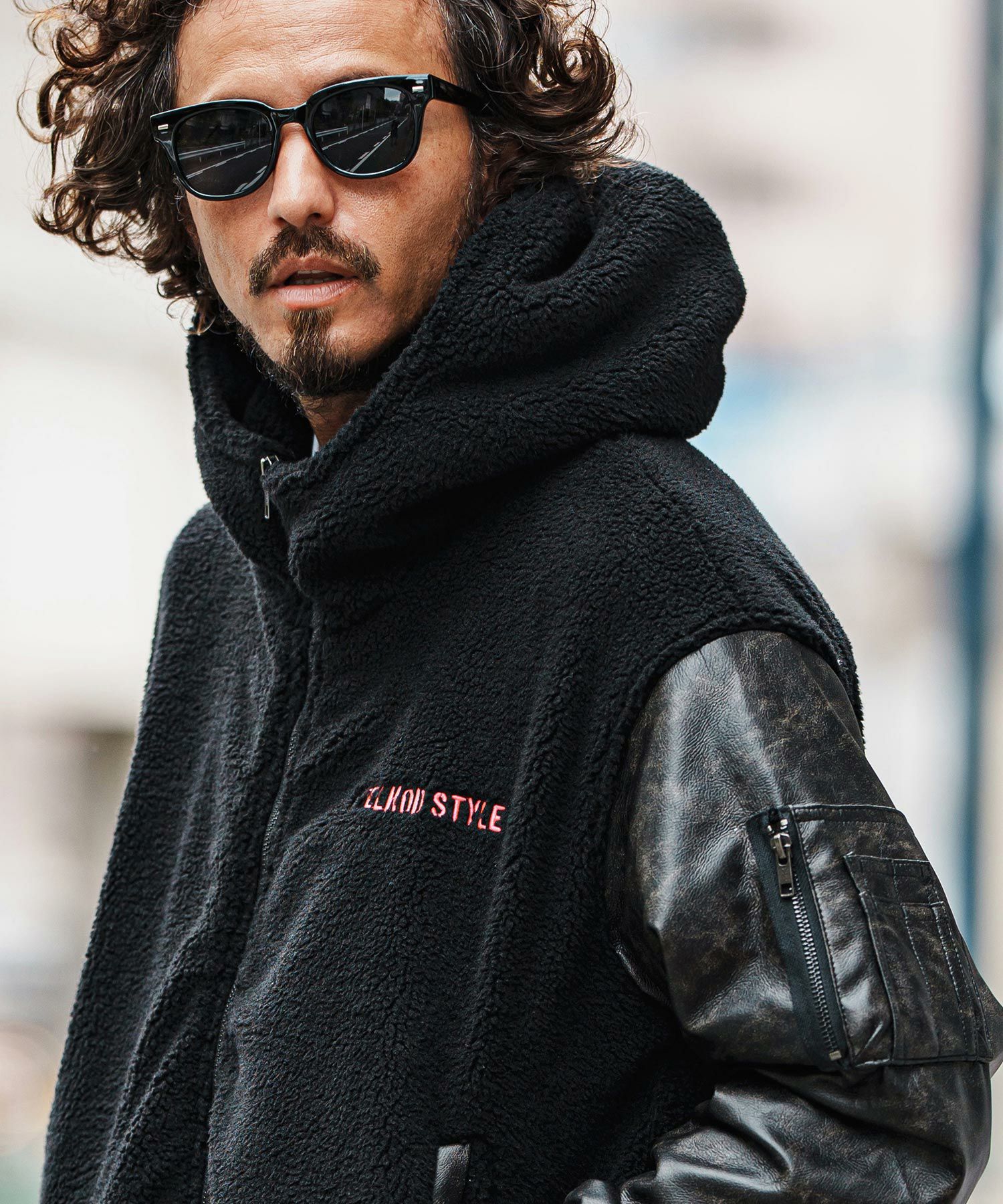 felkod(フィルコッド)】Synthetic Leather Combination Boa Hooded