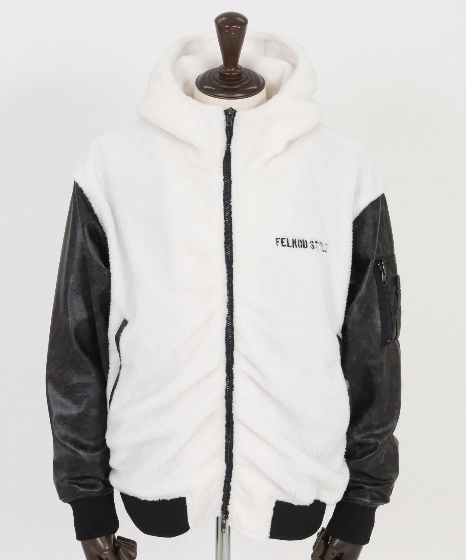 felkod(フィルコッド)】Synthetic Leather Combination Boa Hooded