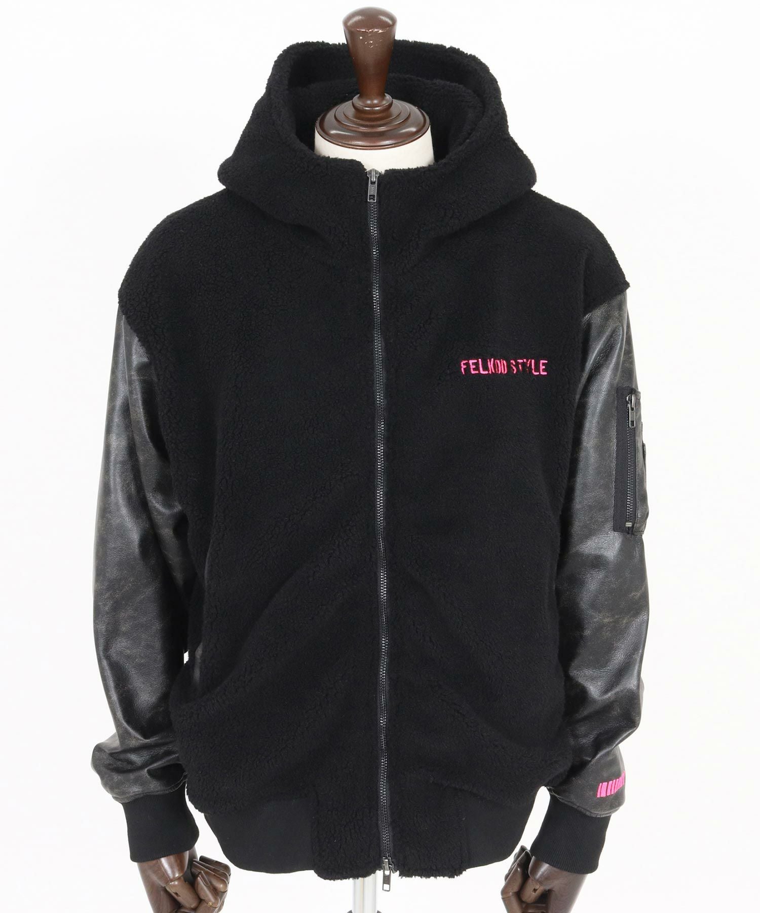 felkod(フィルコッド)】Synthetic Leather Combination Boa Hooded