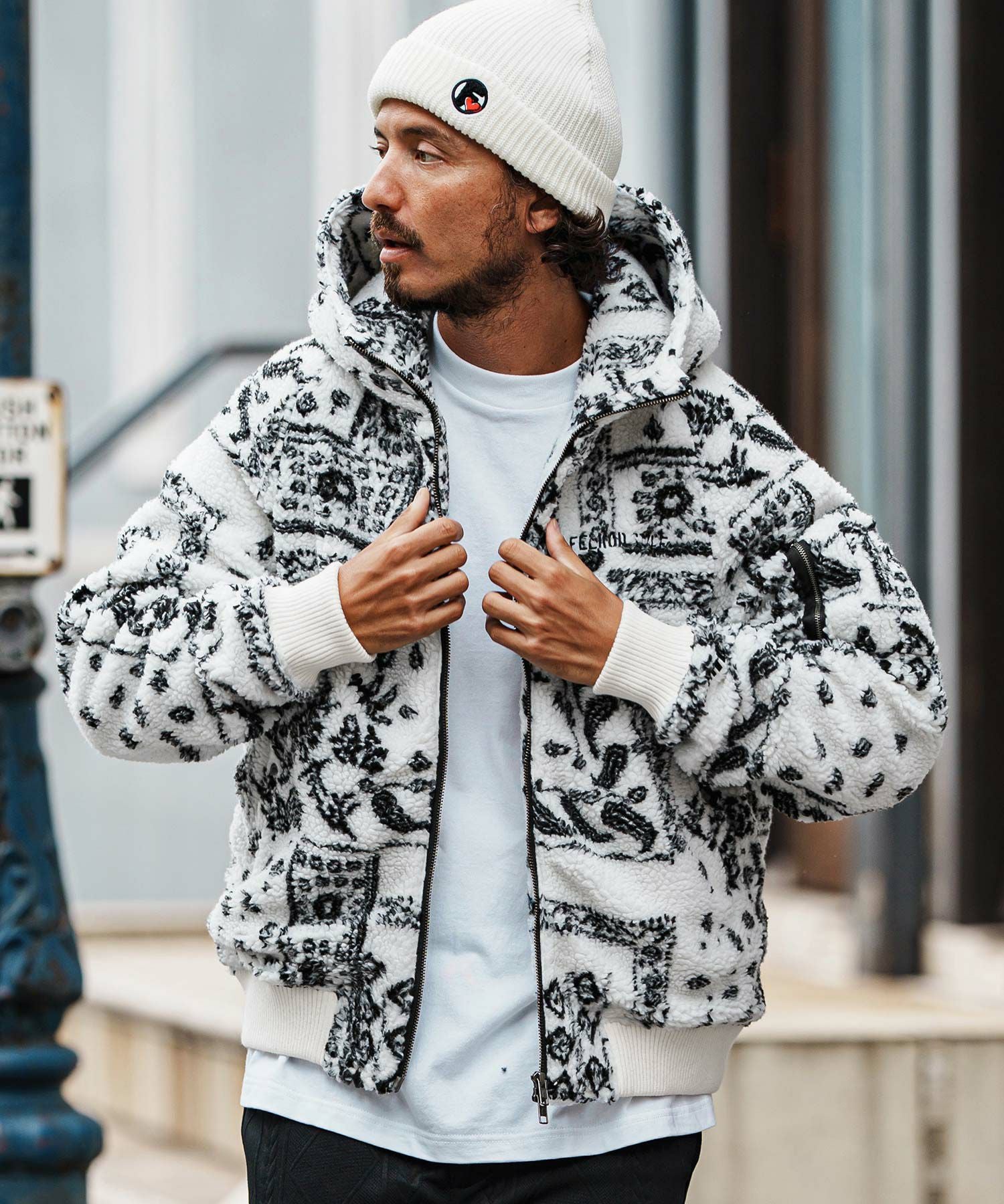 felkod(フィルコッド)】Bandana Pattern Boa Hooded Blouson