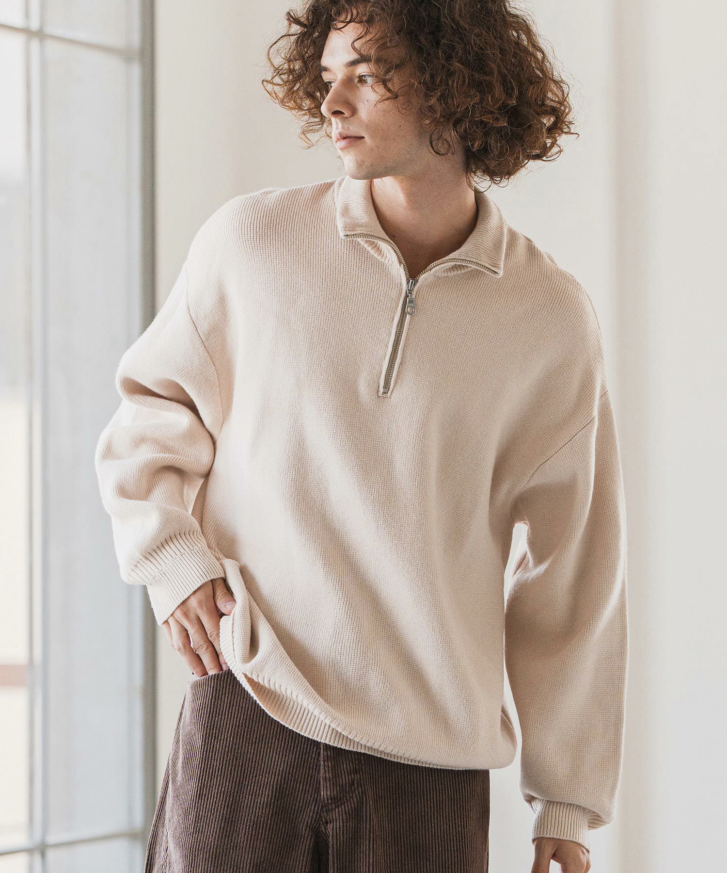 新品未使用　ギャングスタービル　レオパード　M　長袖　BEIGE CAMBIO(カンビオ)】ウォッシャブルニットハーフZIPプルオーバー