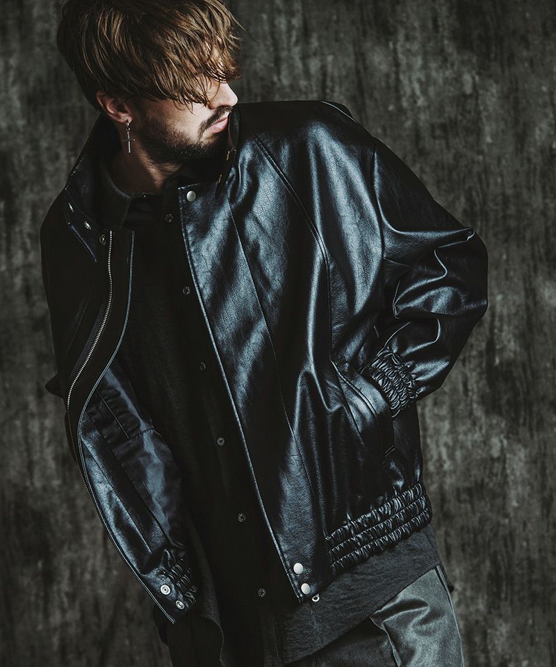 NO CONCEPT BUT DOOD SENSE 合皮　ジャケット　黒 30%OFF【NO ID.(ノーアイディー)】 ｼﾝｾﾃｨｯｸﾚｻﾞｰBIGﾗｲﾀﾞｰｽJKT