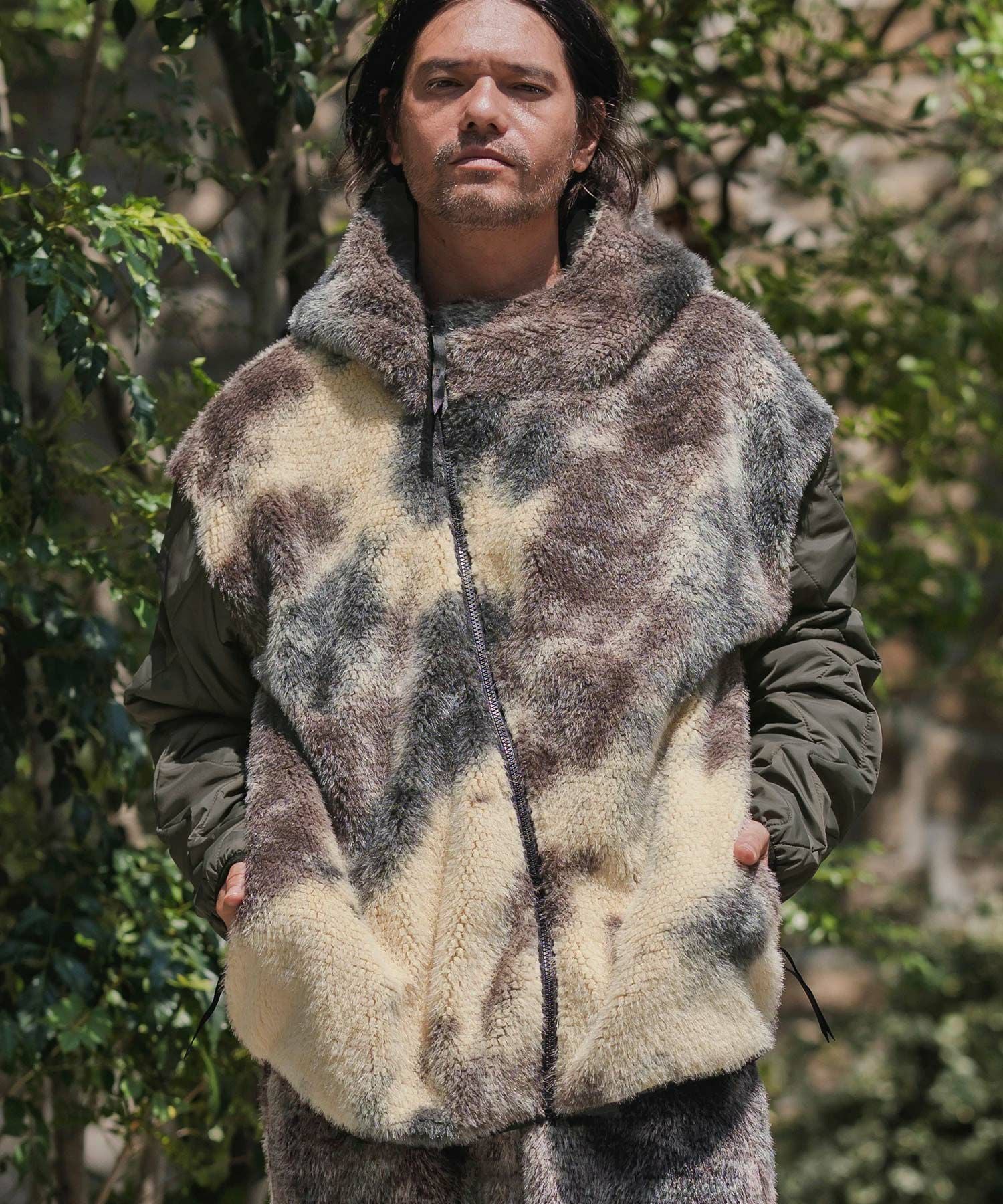 CAMBIO(カンビオ)】Monotone Marble Fake Fur Curved Zipper Blouson