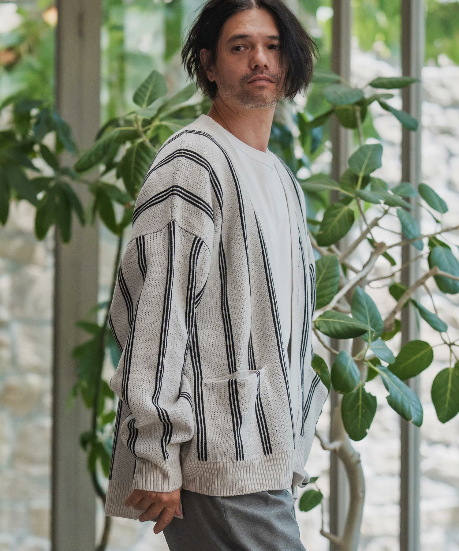 CAMBIO(カンビオ)】Stripe Jacquard Buttonless Knit Cardigan ニット