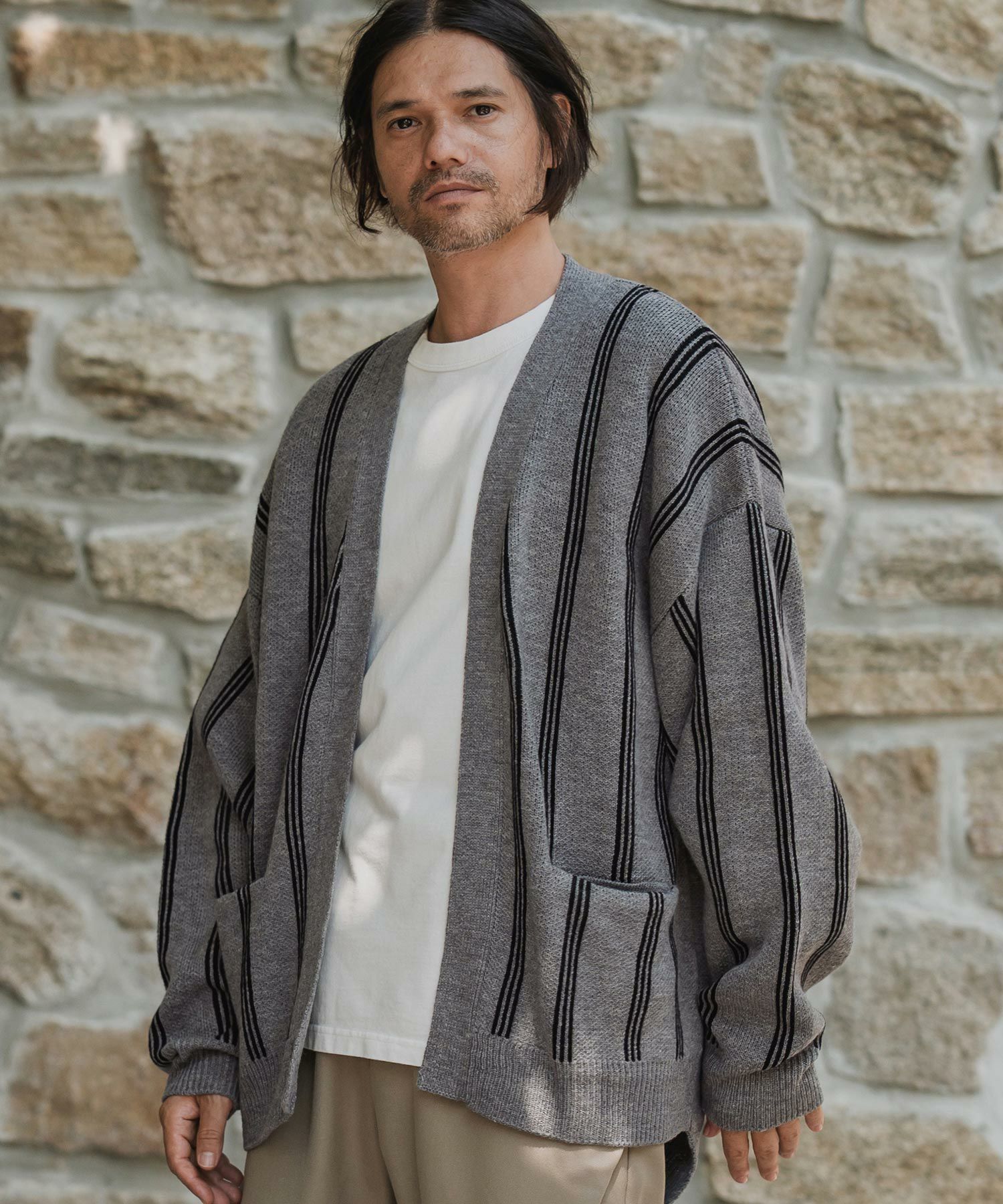 CAMBIO(カンビオ)】Stripe Jacquard Buttonless Knit Cardigan ニット
