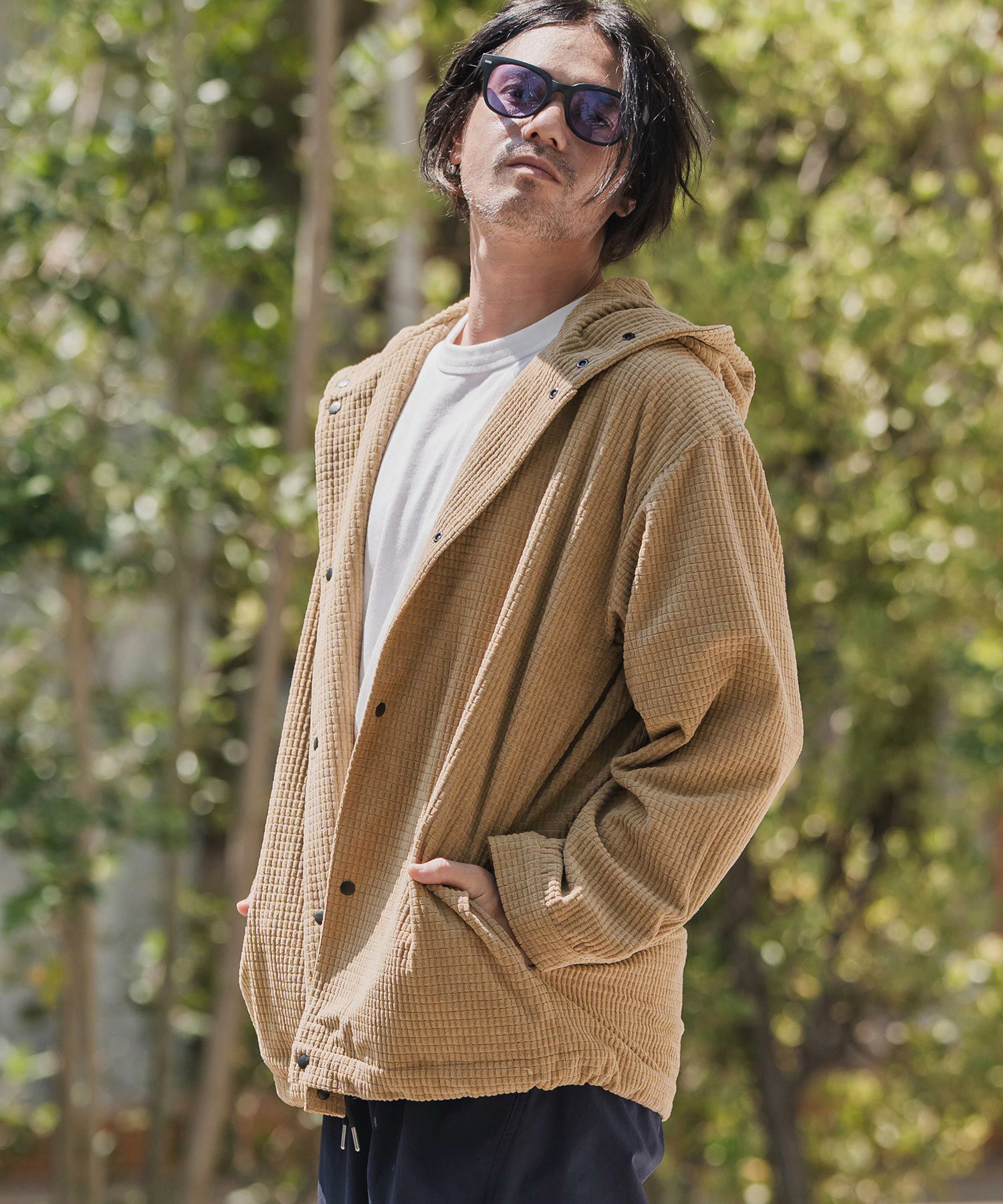 CAMBIO(カンビオ)】Waffle Corduroy Hoode Shirts フーディーシャツ