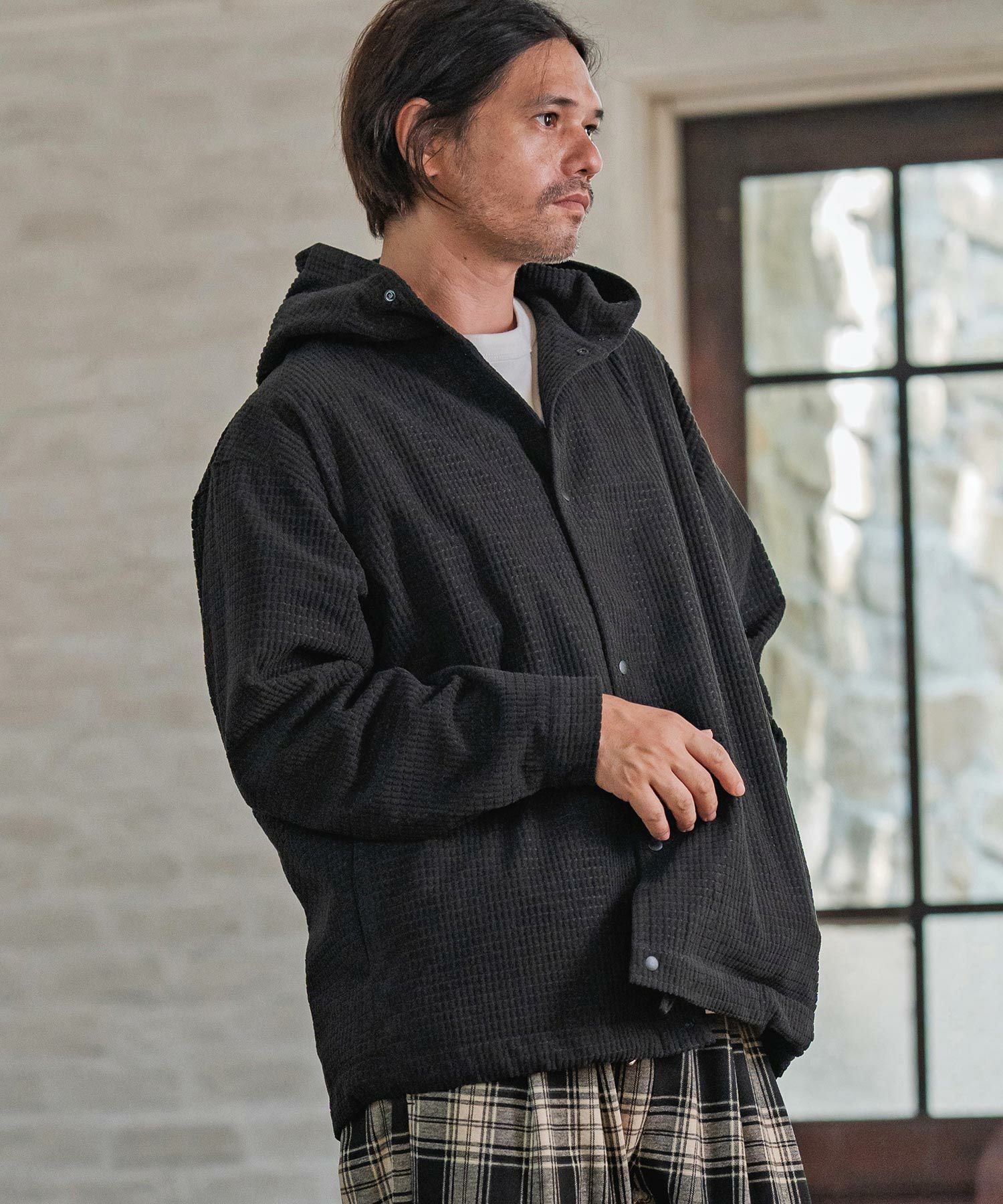 CAMBIO(カンビオ)】Waffle Corduroy Hoode Shirts フーディーシャツ