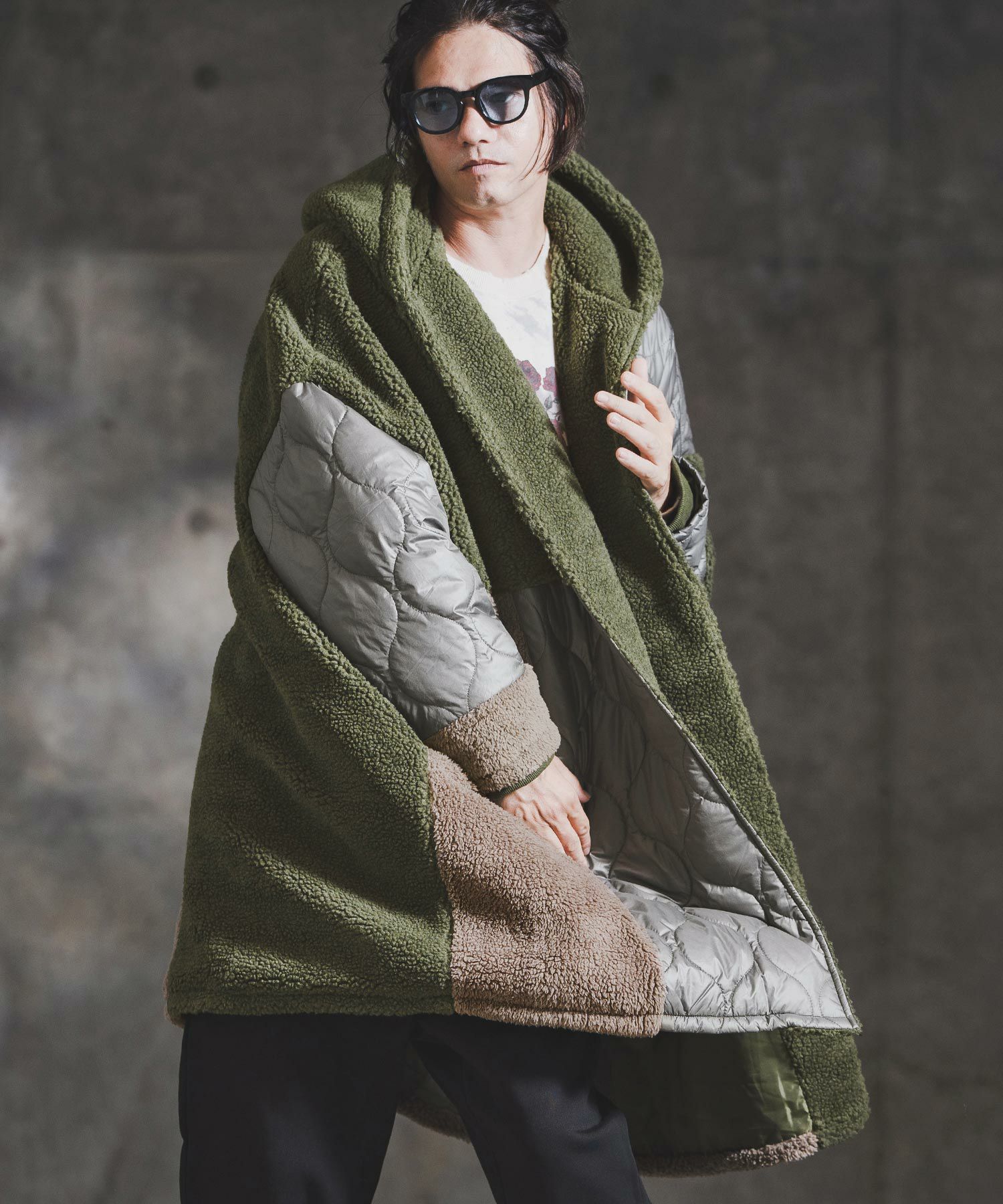 GLIMCLAP(グリムクラップ)】Textured Patchwork Hoodie Coat