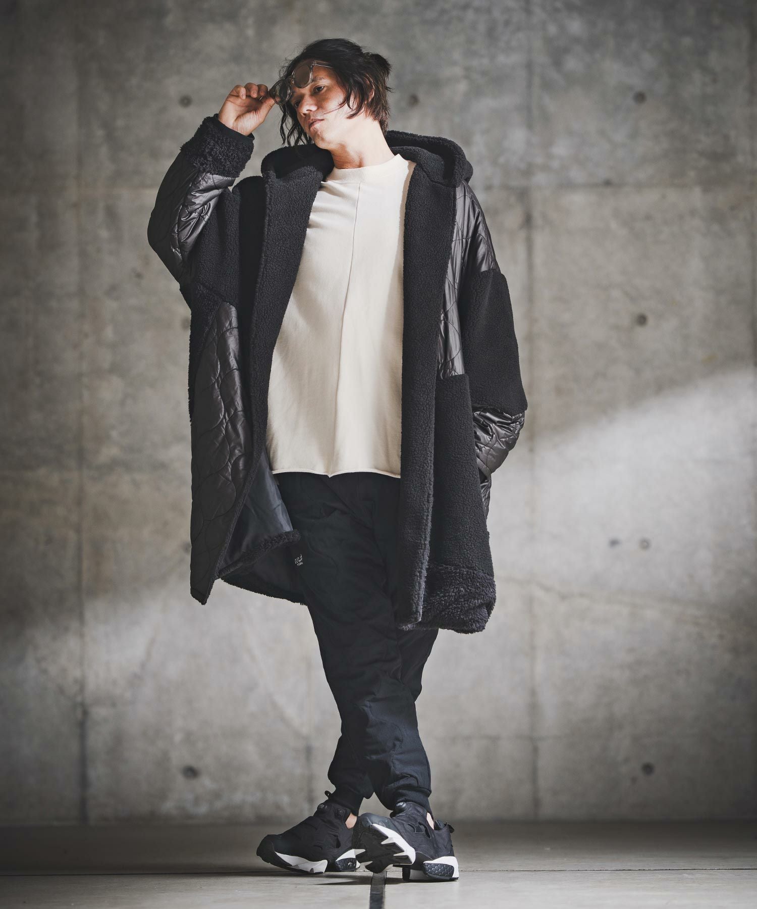 GLIMCLAP(グリムクラップ)】Textured Patchwork Hoodie Coat