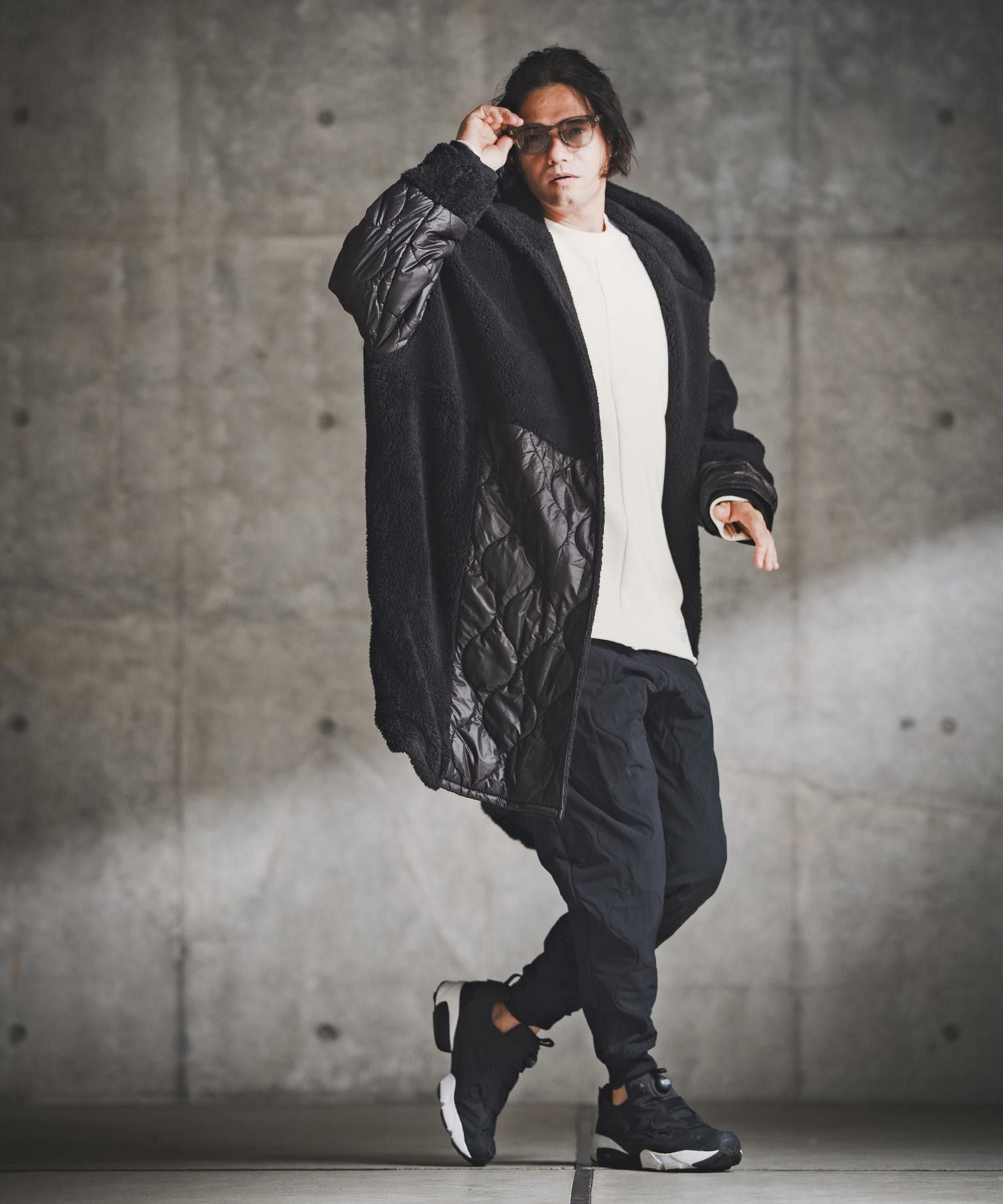 GLIMCLAP(グリムクラップ)】Textured Patchwork Hoodie Coat