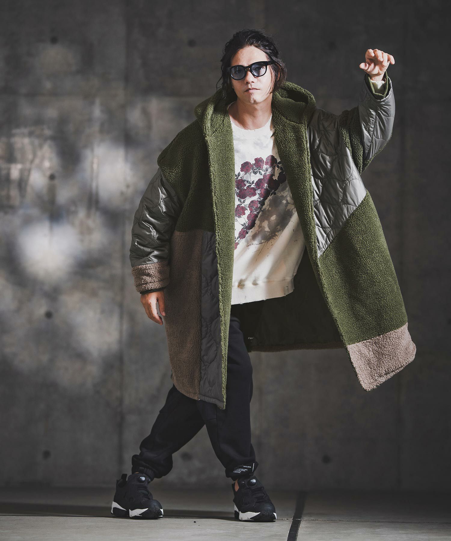 GLIMCLAP(グリムクラップ)】Textured Patchwork Hoodie Coat