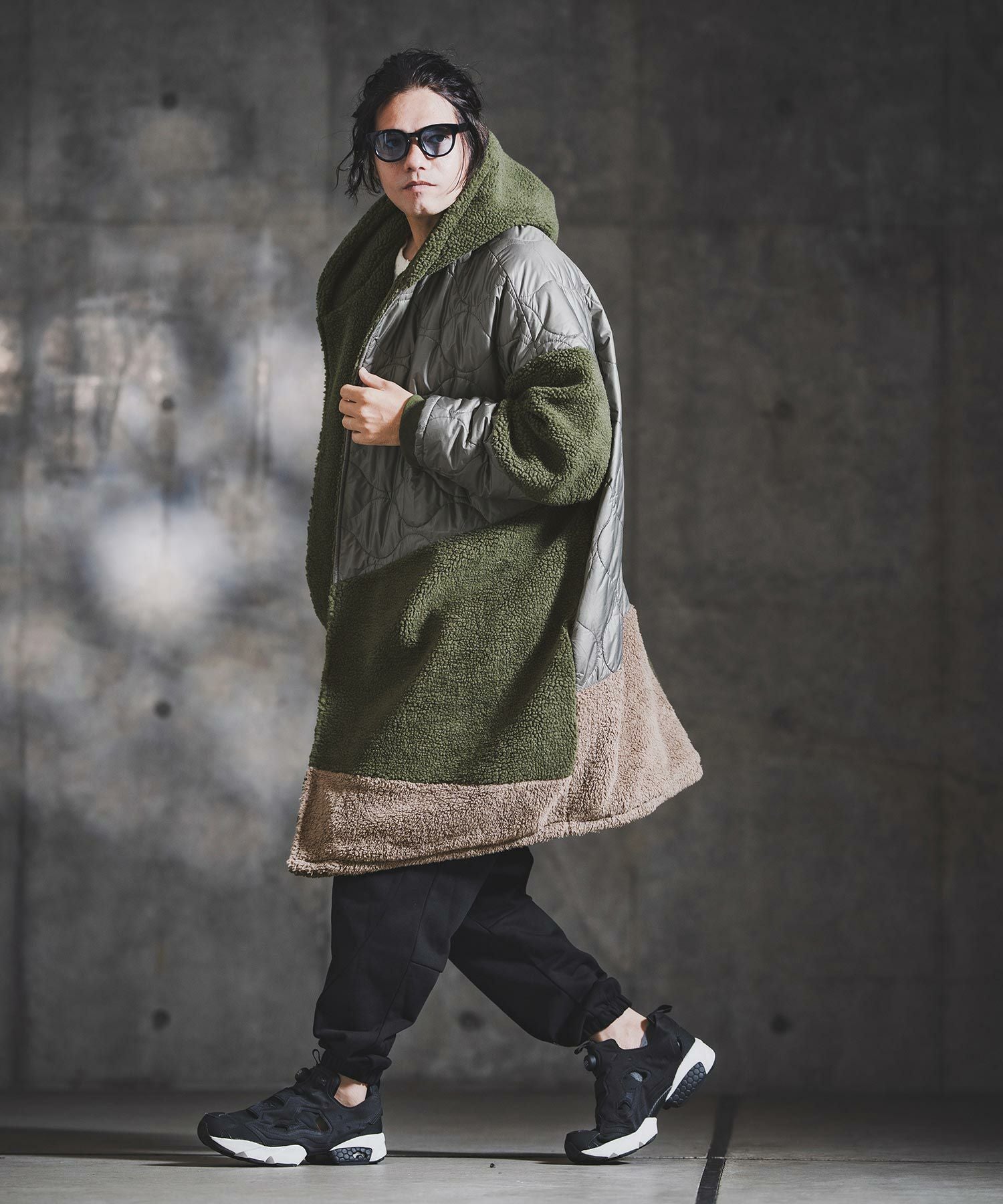GLIMCLAP(グリムクラップ)】Textured Patchwork Hoodie Coat