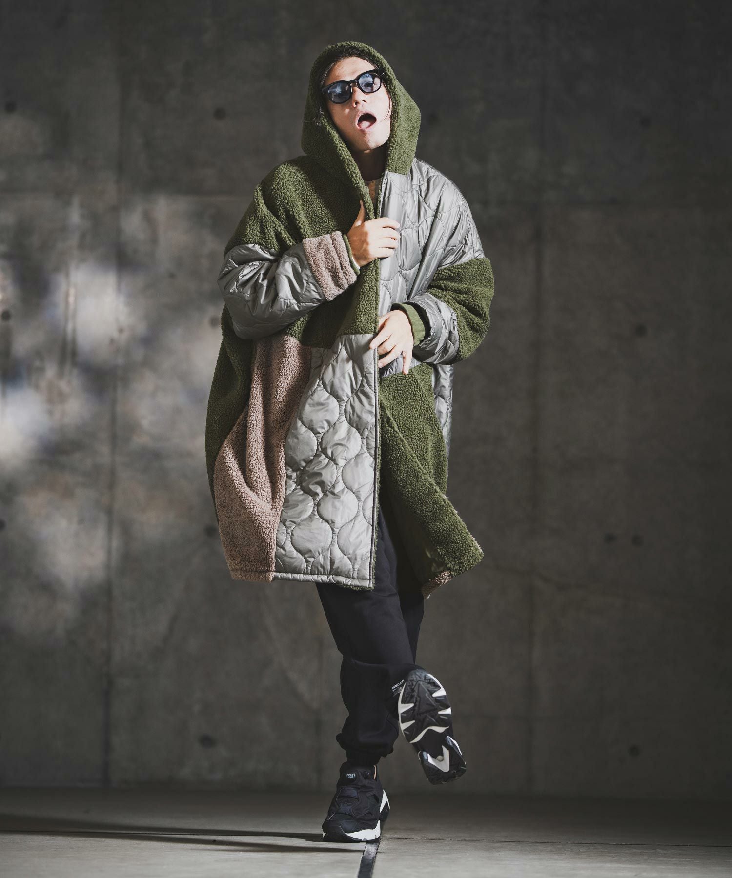 GLIMCLAP(グリムクラップ)】Textured Patchwork Hoodie Coat