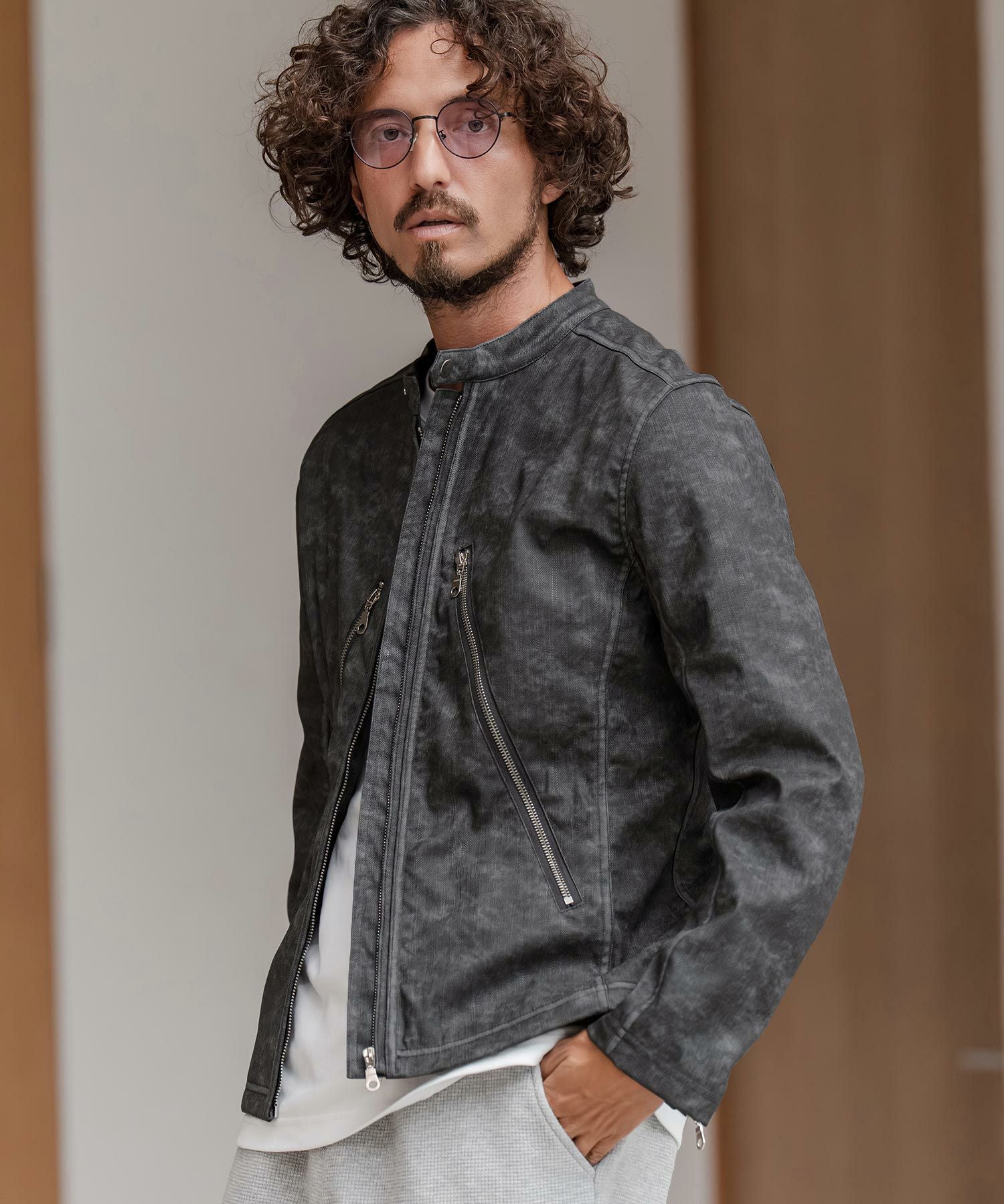 50%OFF【CAMBIO(カンビオ)】合成皮革デニムライクシングルライダース