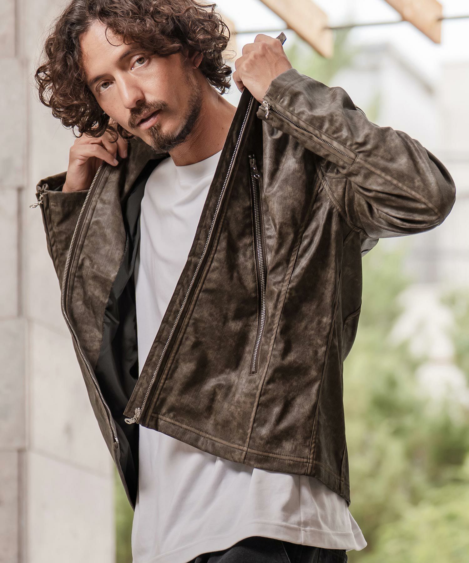 30%OFF【CAMBIO(カンビオ)】合成皮革デニムライクシングルライダース