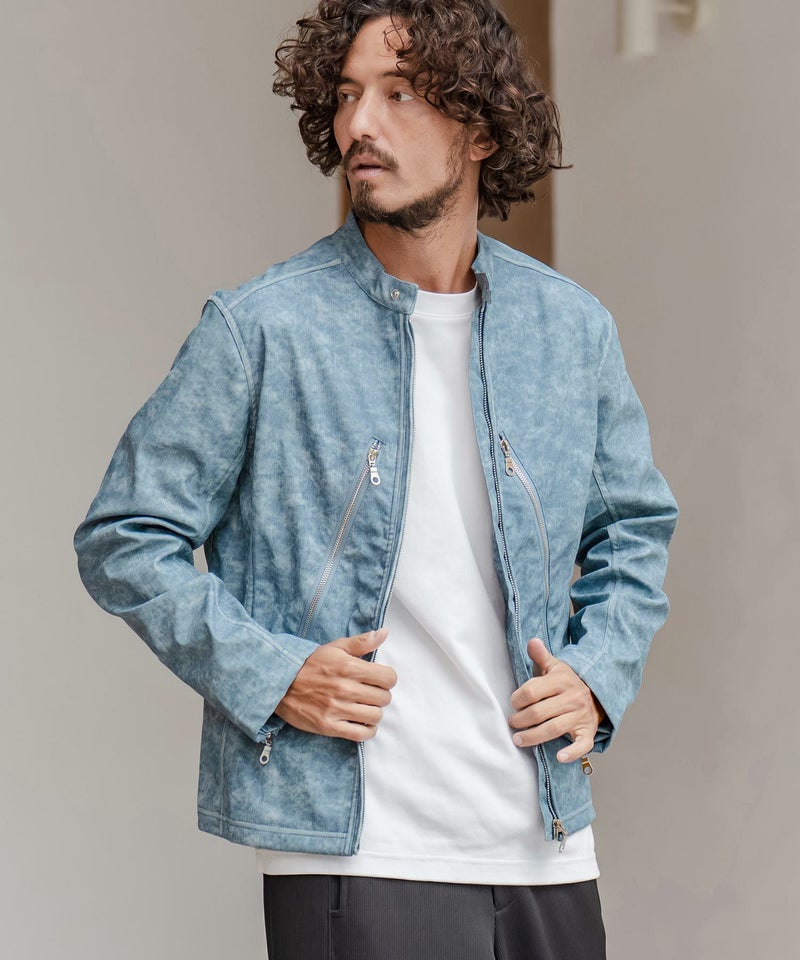 50%OFF【CAMBIO(カンビオ)】合成皮革デニムライクシングルライダース 