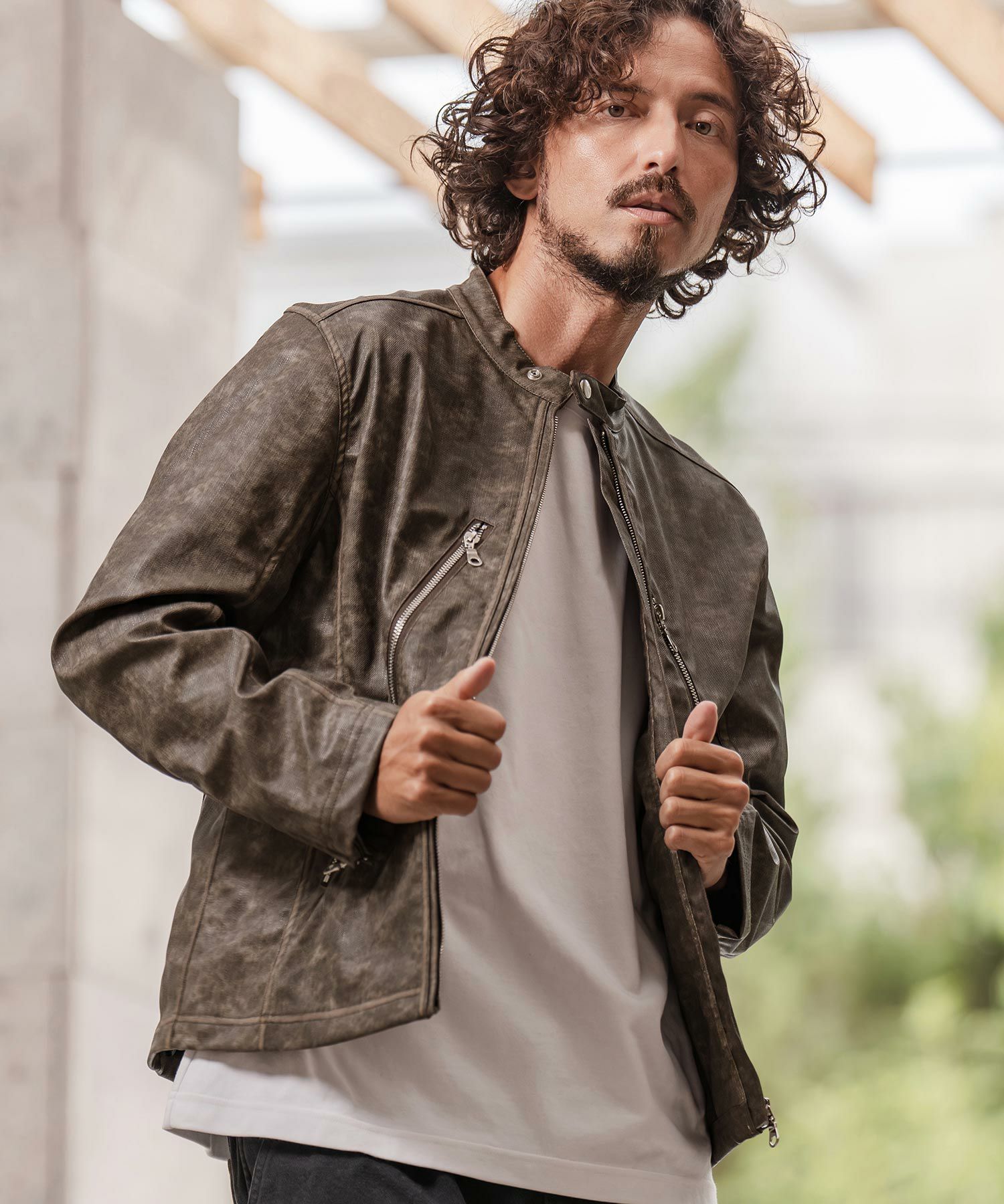 50%OFF【CAMBIO(カンビオ)】合成皮革デニムライクシングルライダース