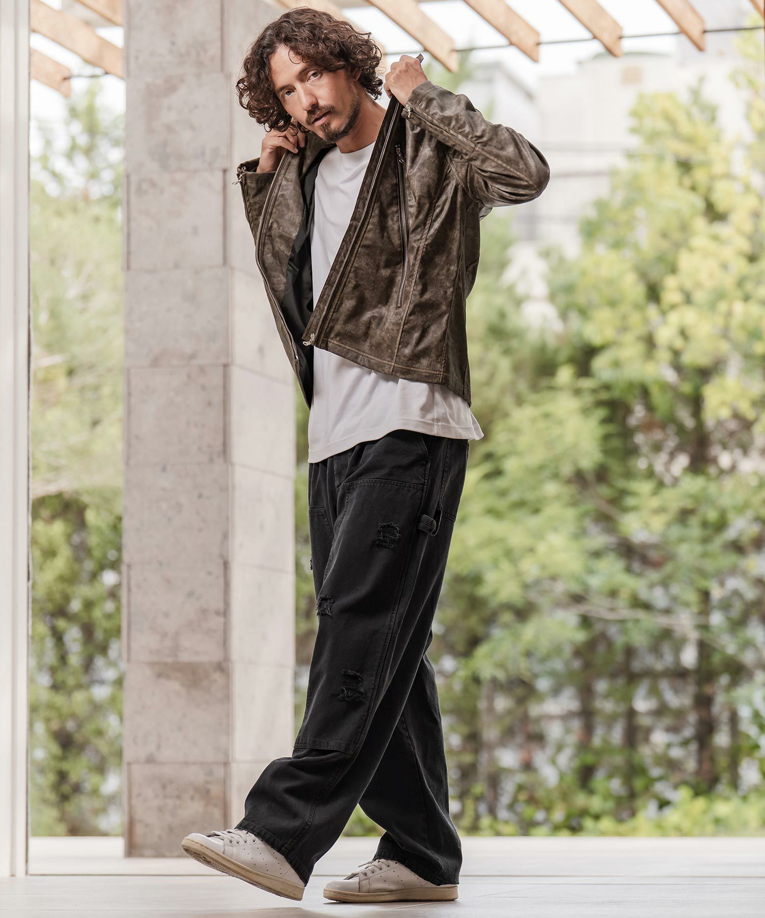 50%OFF【CAMBIO(カンビオ)】合成皮革デニムライクシングルライダース