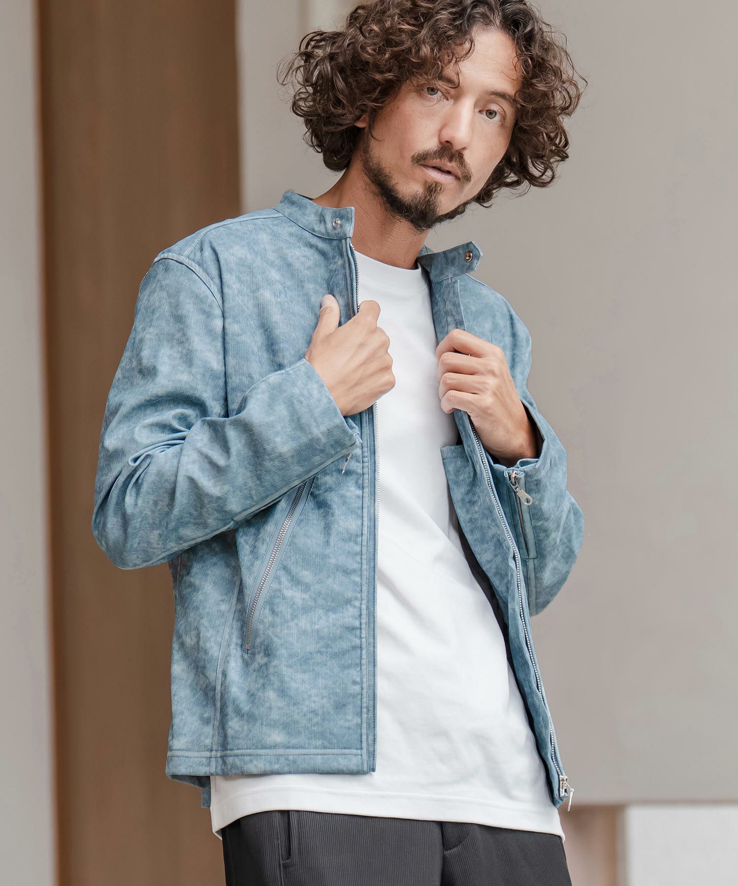 30%OFF【CAMBIO(カンビオ)】合成皮革デニムライクシングルライダース