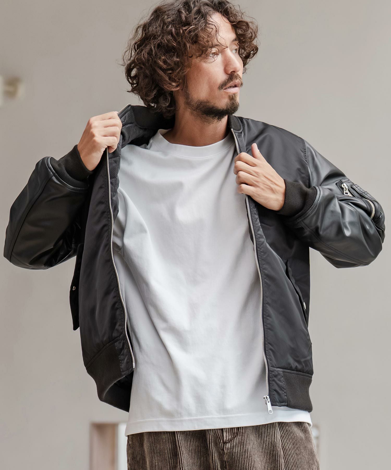 CAMBIO(カンビオ)】ナイロンツイル×レザーMA-1ジャケット | CAMBIO