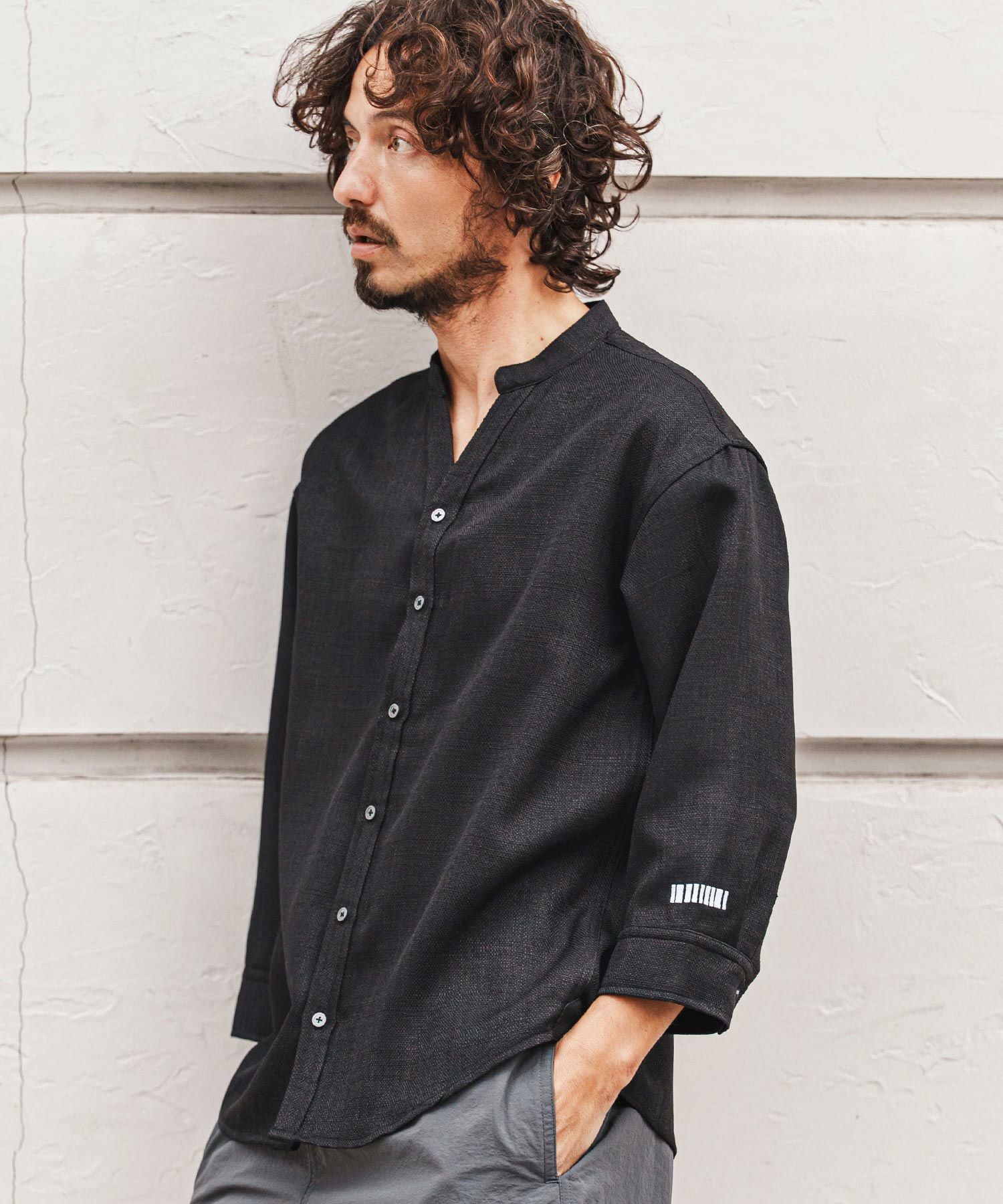 felkod(フィルコッド)】Linen Like Fabric Band Collar Shirts バンド