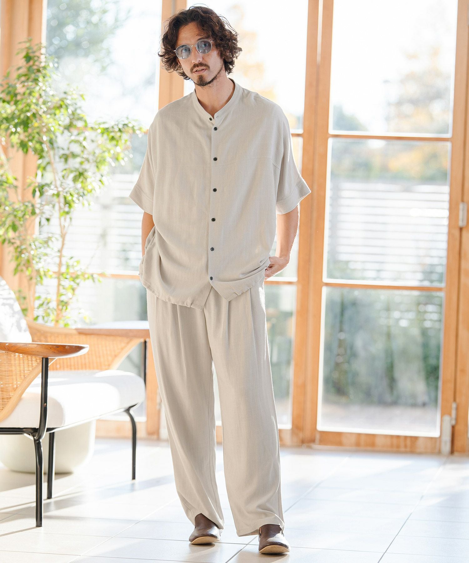 CAMBIO(カンビオ)】 Linen Rayon Wide Straight Pants ワイド