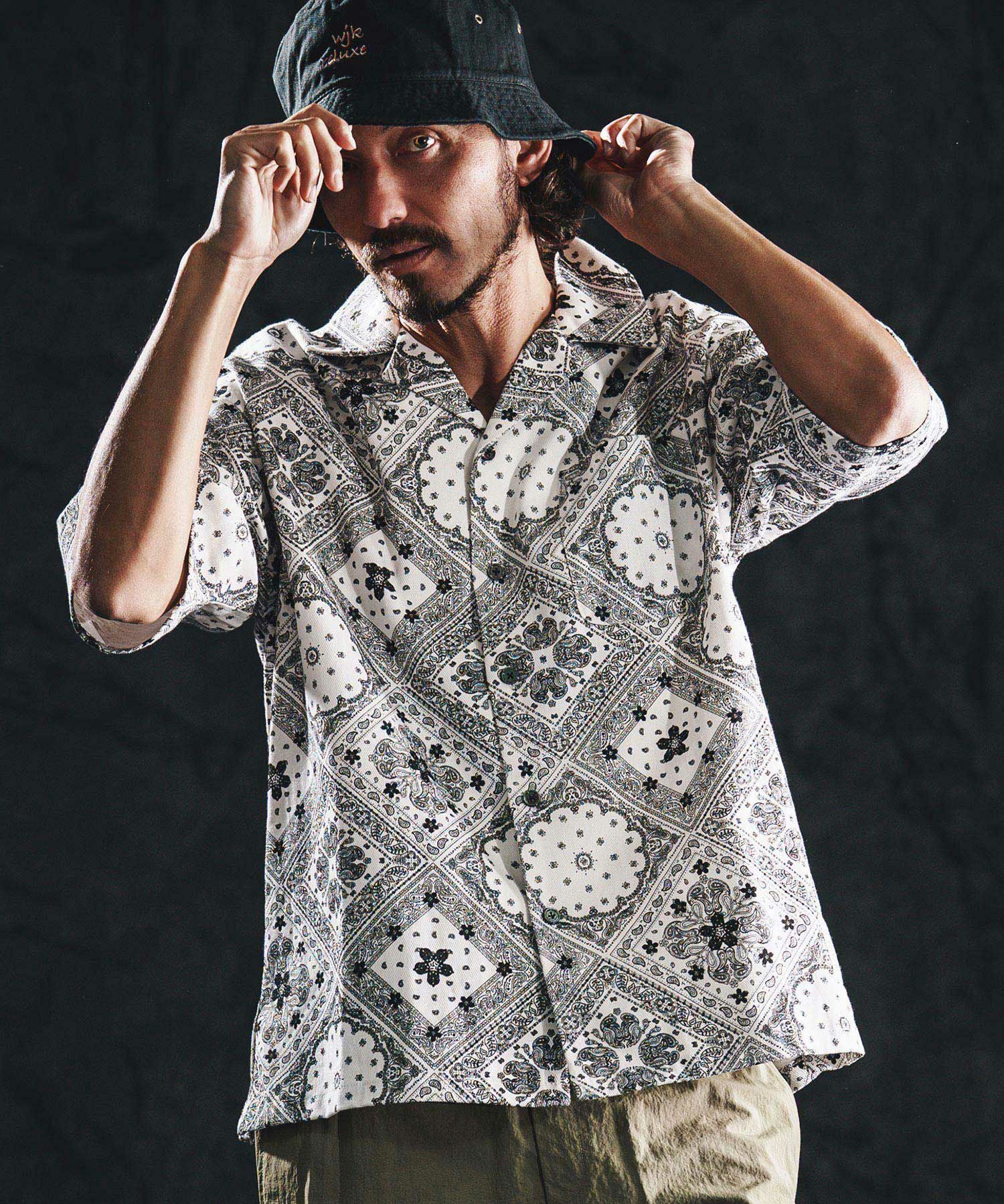 wjk reluxe】bandana open collar SS shirts オープンカラーシャツ