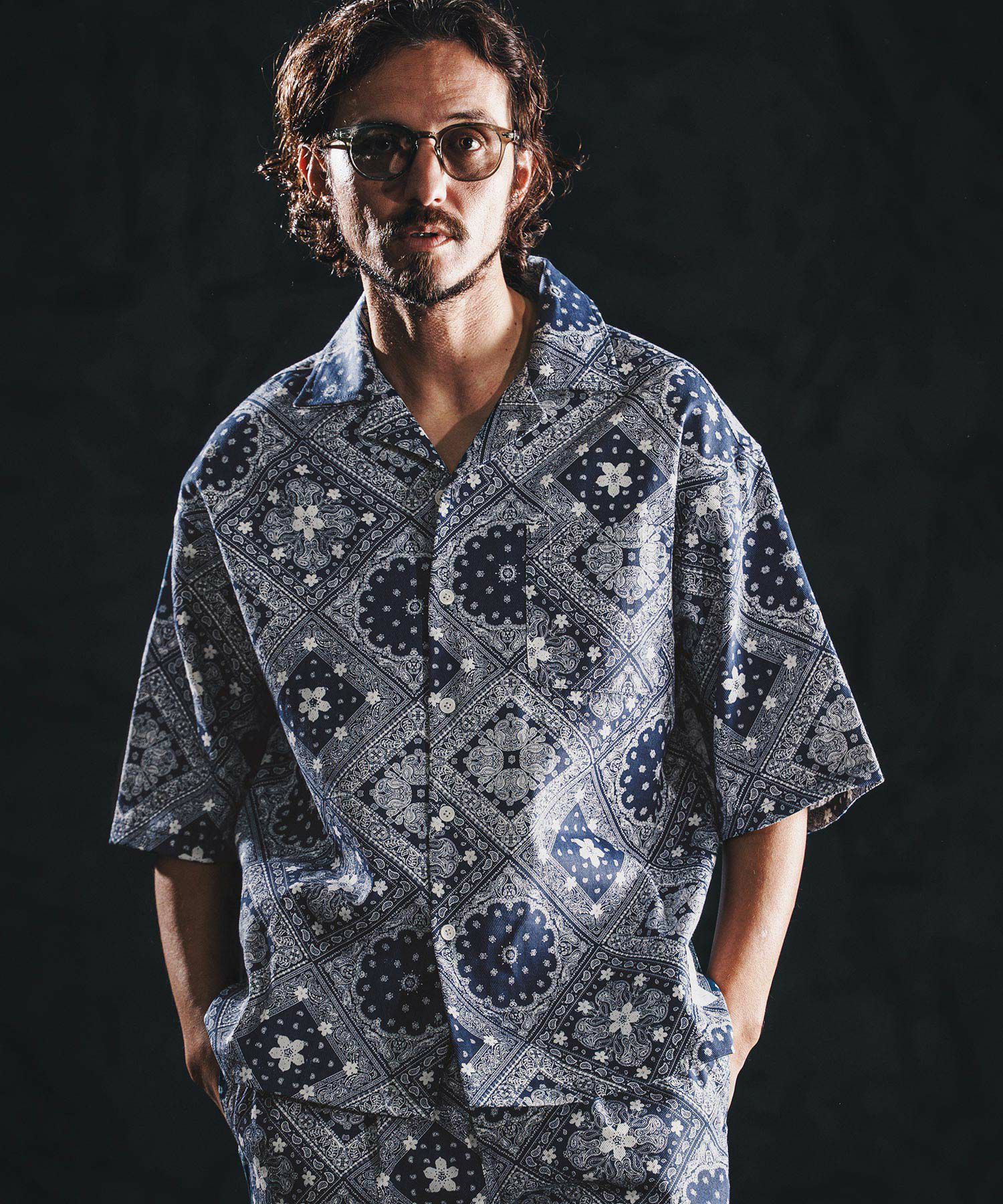 wjk reluxe】bandana open collar SS shirts オープンカラーシャツ