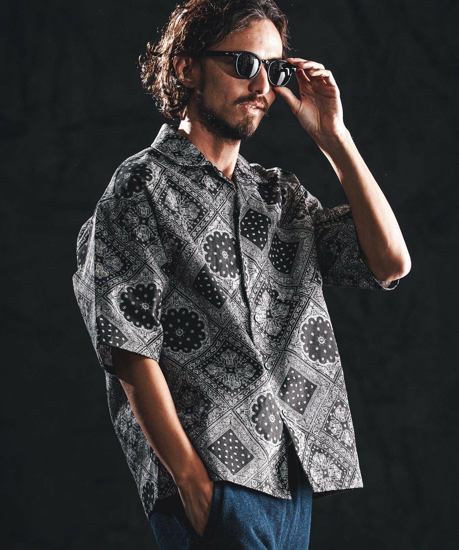 wjk reluxe】bandana open collar SS shirts オープンカラーシャツ