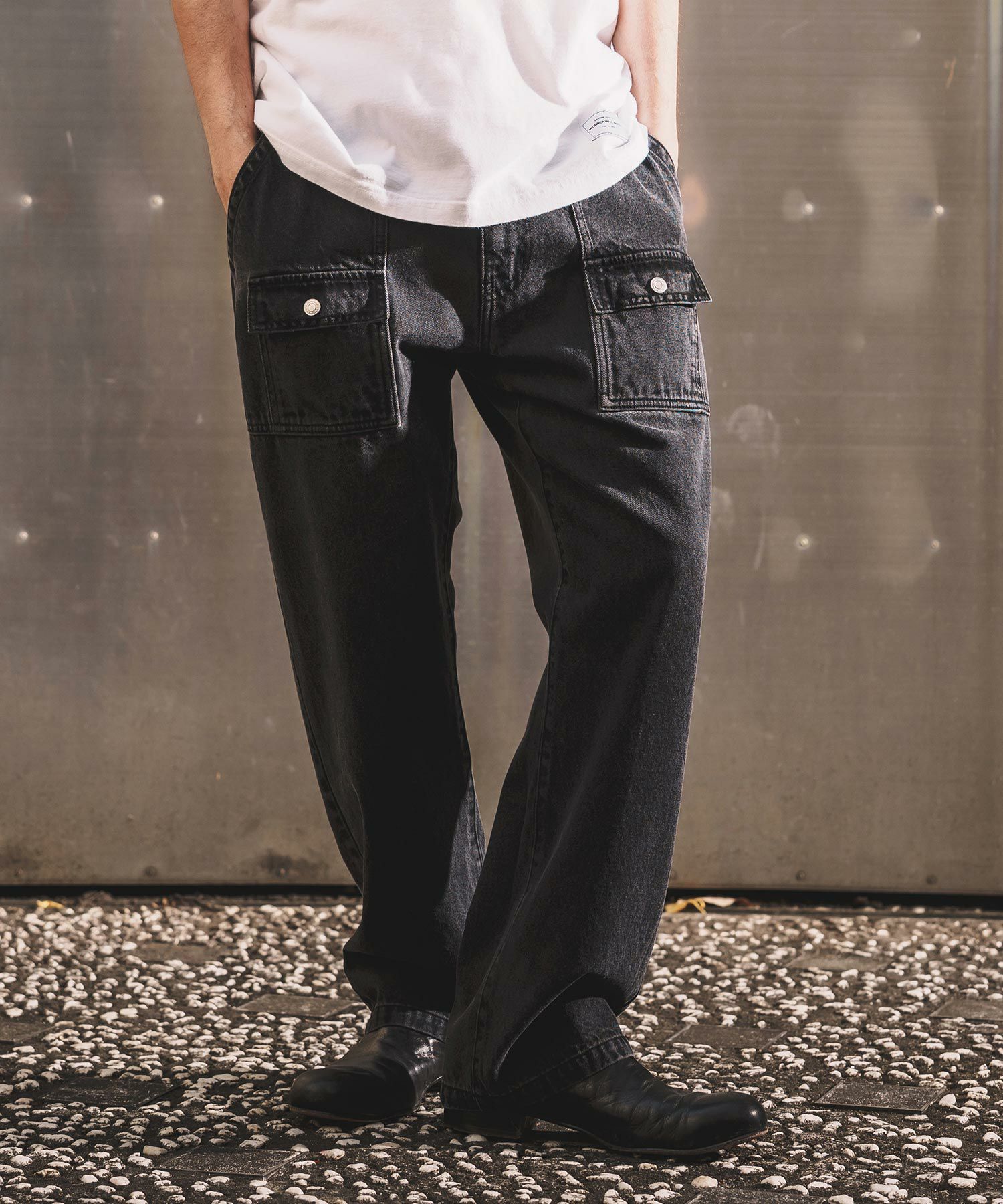 wunderlangブラックデニム3-4y WONDER WALL MOTEL(ワンダーウォールモーテル)】AGING BLACK DENIM
