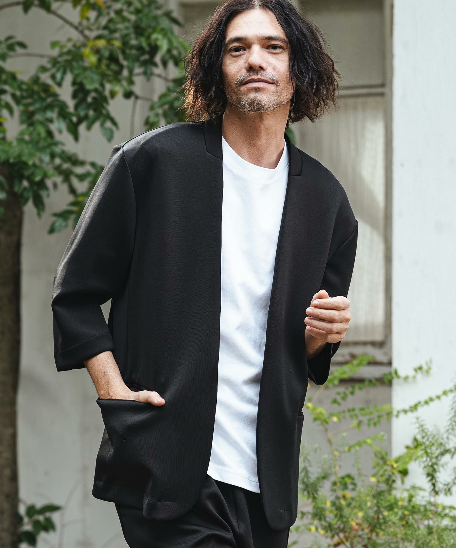 【美品】カンビオ　リラックスポンチ　ジャケットパンツセットアップ　Mサイズ CAMBIO(カンビオ)】リラックスポンチノーカラー7分袖ジャケット(CMB