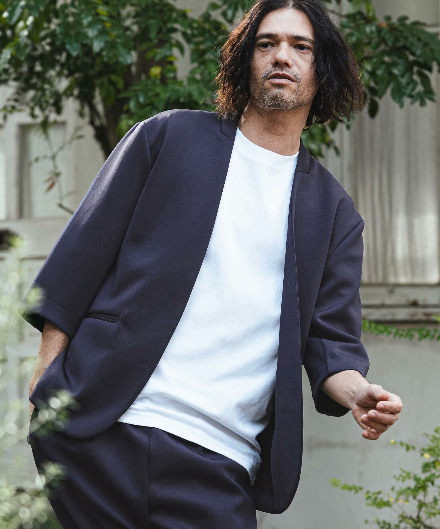 CAMBIO リラックスポンチノーカラージャケット　L CAMBIO(カンビオ)】リラックスポンチノーカラー7分袖ジャケット(CMB