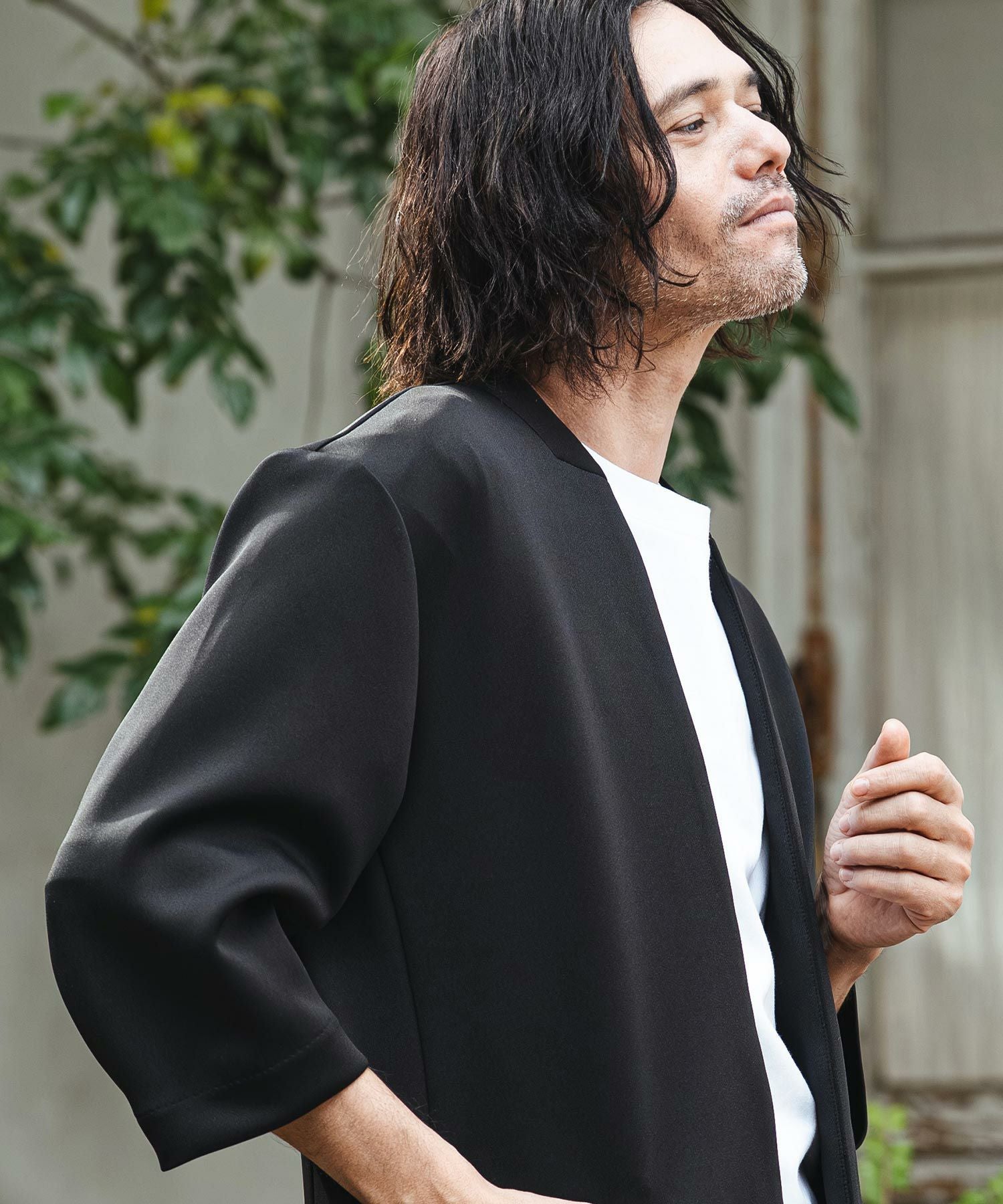 カンビオ リラックスポンチ ノーカラージャケット 上下 セットアップ 黒 M CAMBIO(カンビオ)】リラックスポンチノーカラー7分袖ジャケット(CMB