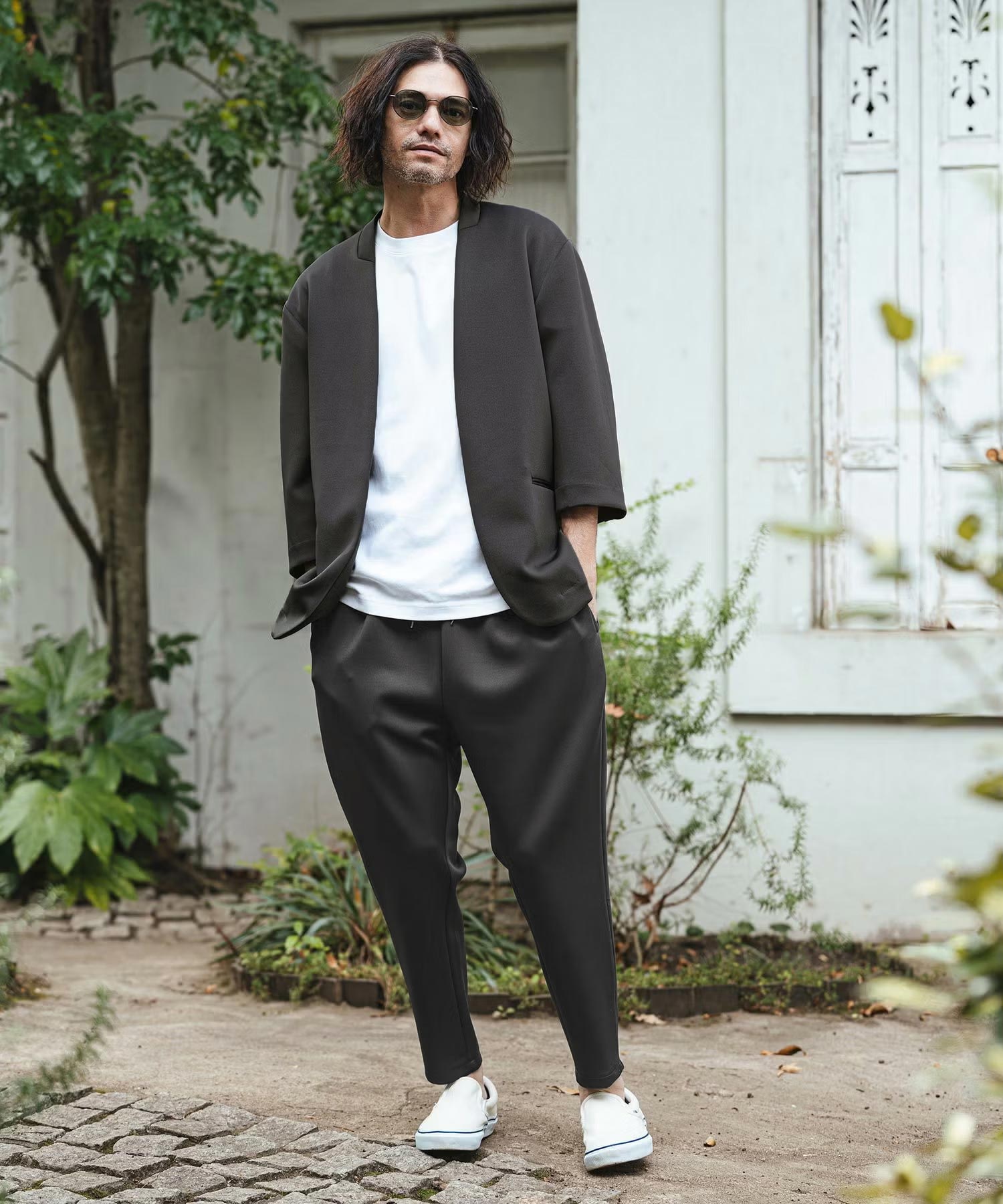 【美品】カンビオ　リラックスポンチ　ジャケットパンツセットアップ　Mサイズ CAMBIO(カンビオ)】リラックスポンチノーカラー7分袖ジャケット(CMB