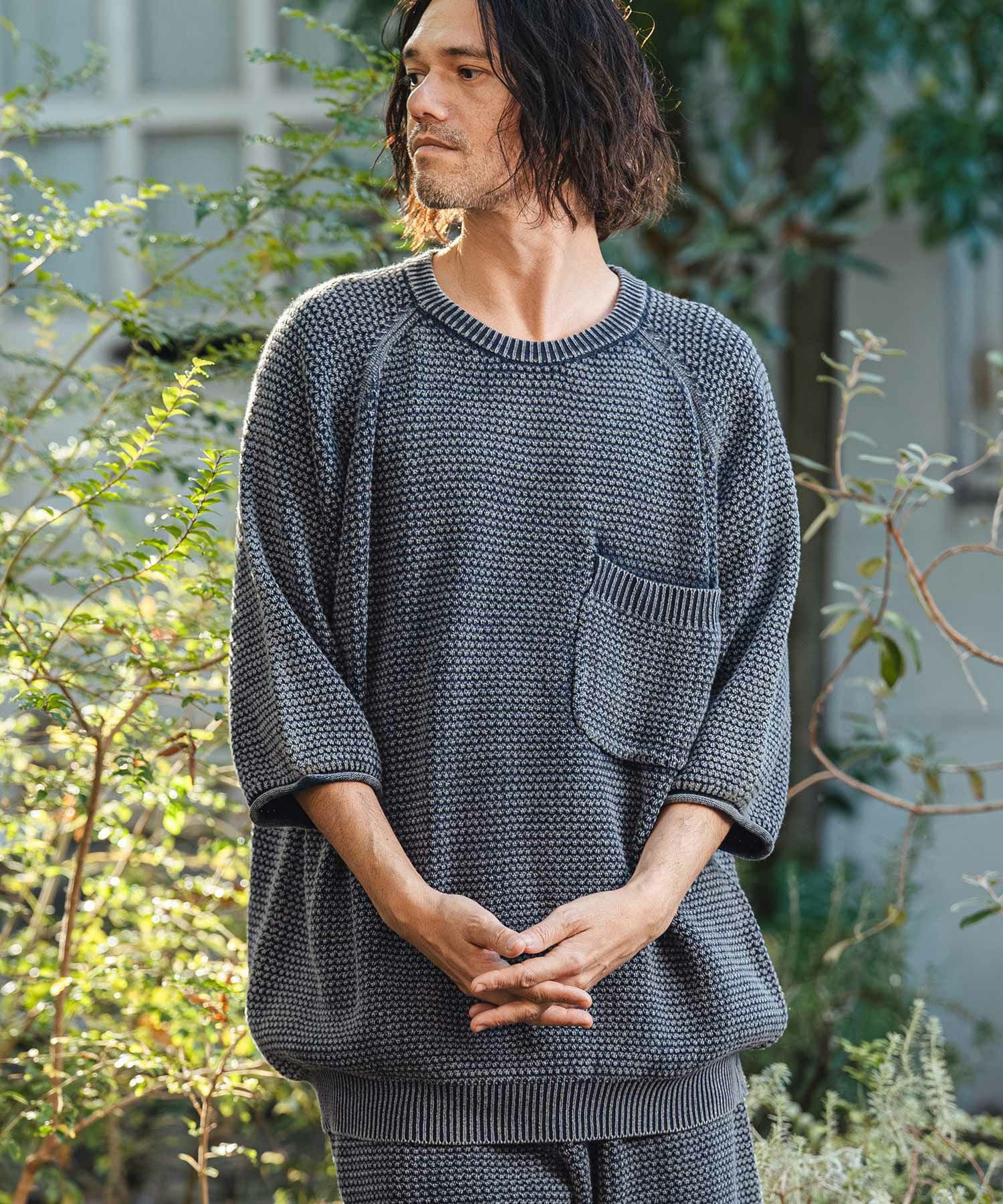CAMBIO(カンビオ)】Waffle Pigment Raglan Short Sleeve Pocket Knit