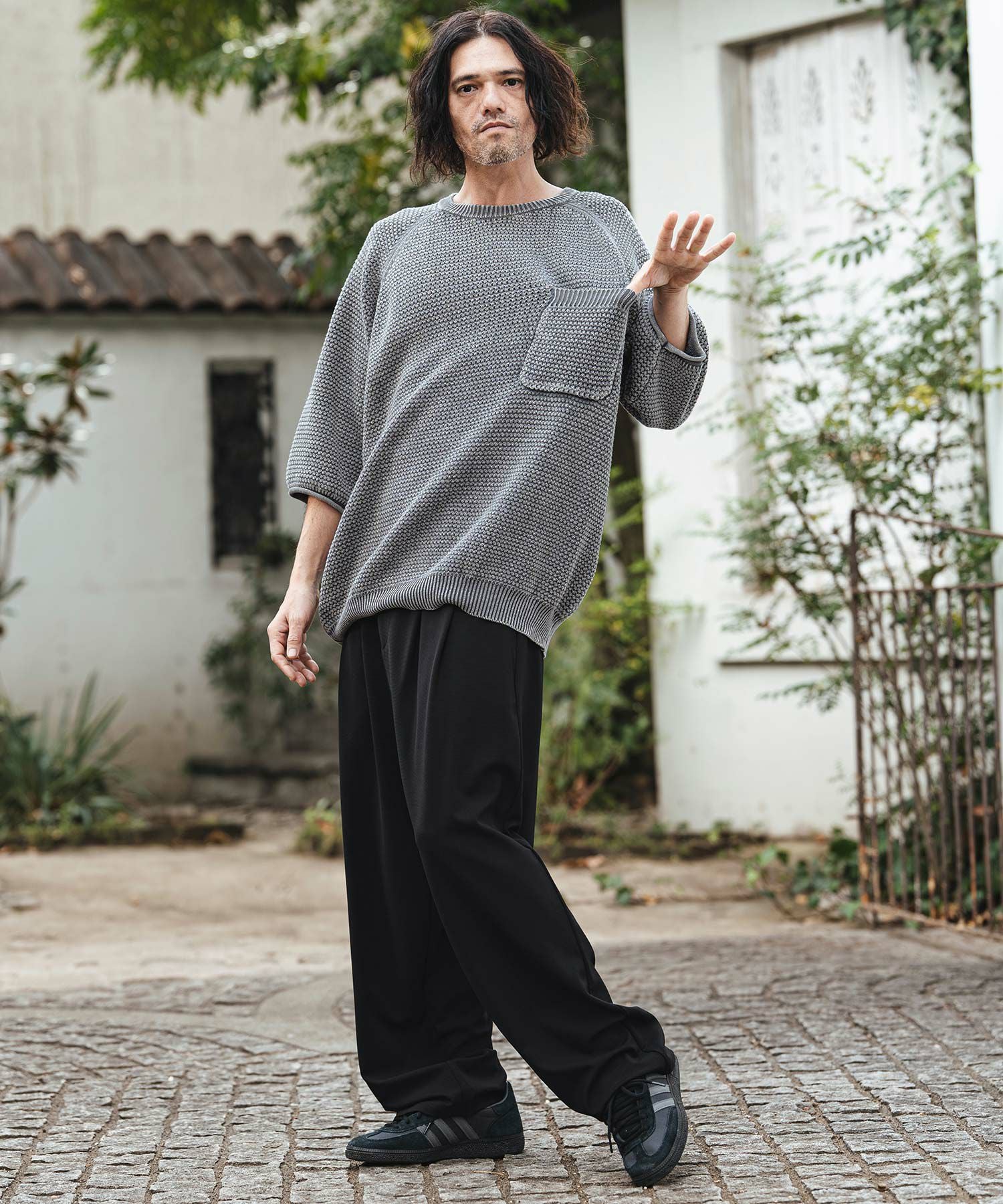 CAMBIO(カンビオ)】Waffle Pigment Raglan Short Sleeve Pocket Knit