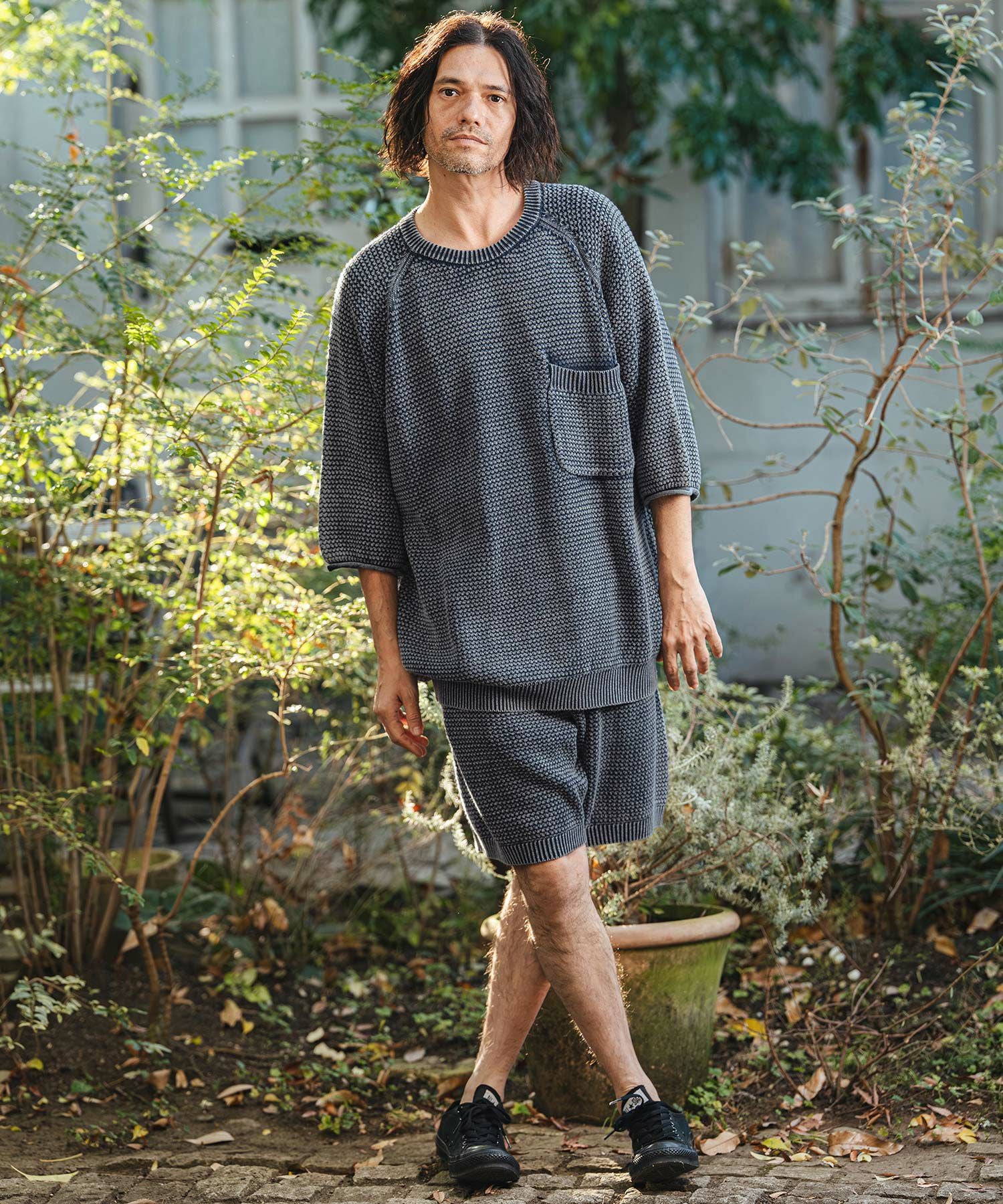 CAMBIO(カンビオ)】Waffle Pigment Raglan Short Sleeve Pocket Knit
