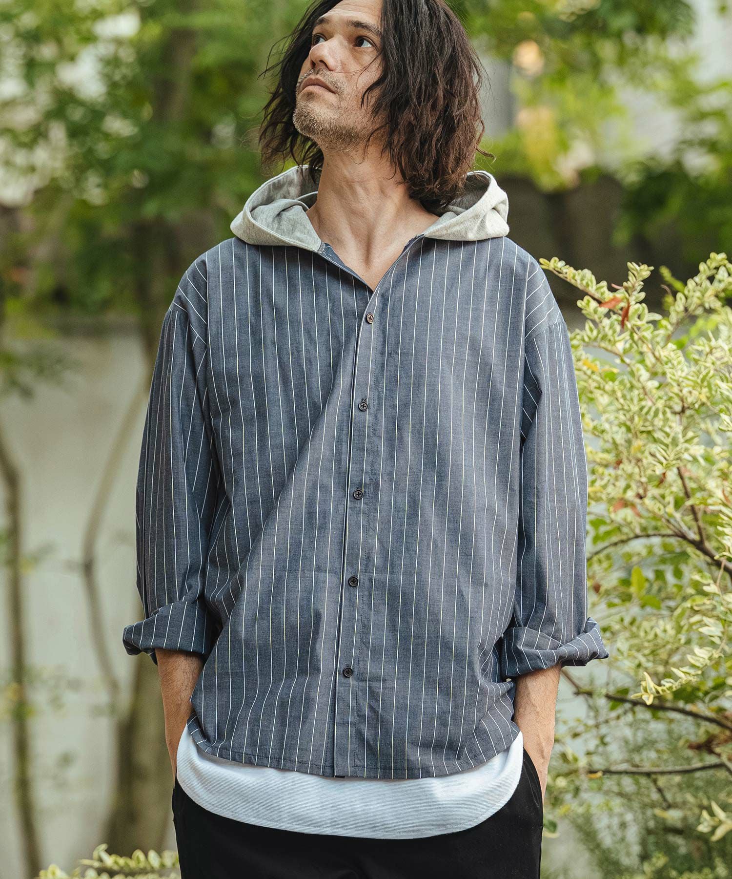 CAMBIO(カンビオ)】Stripe Broad Hooded Shirts フードシャツ